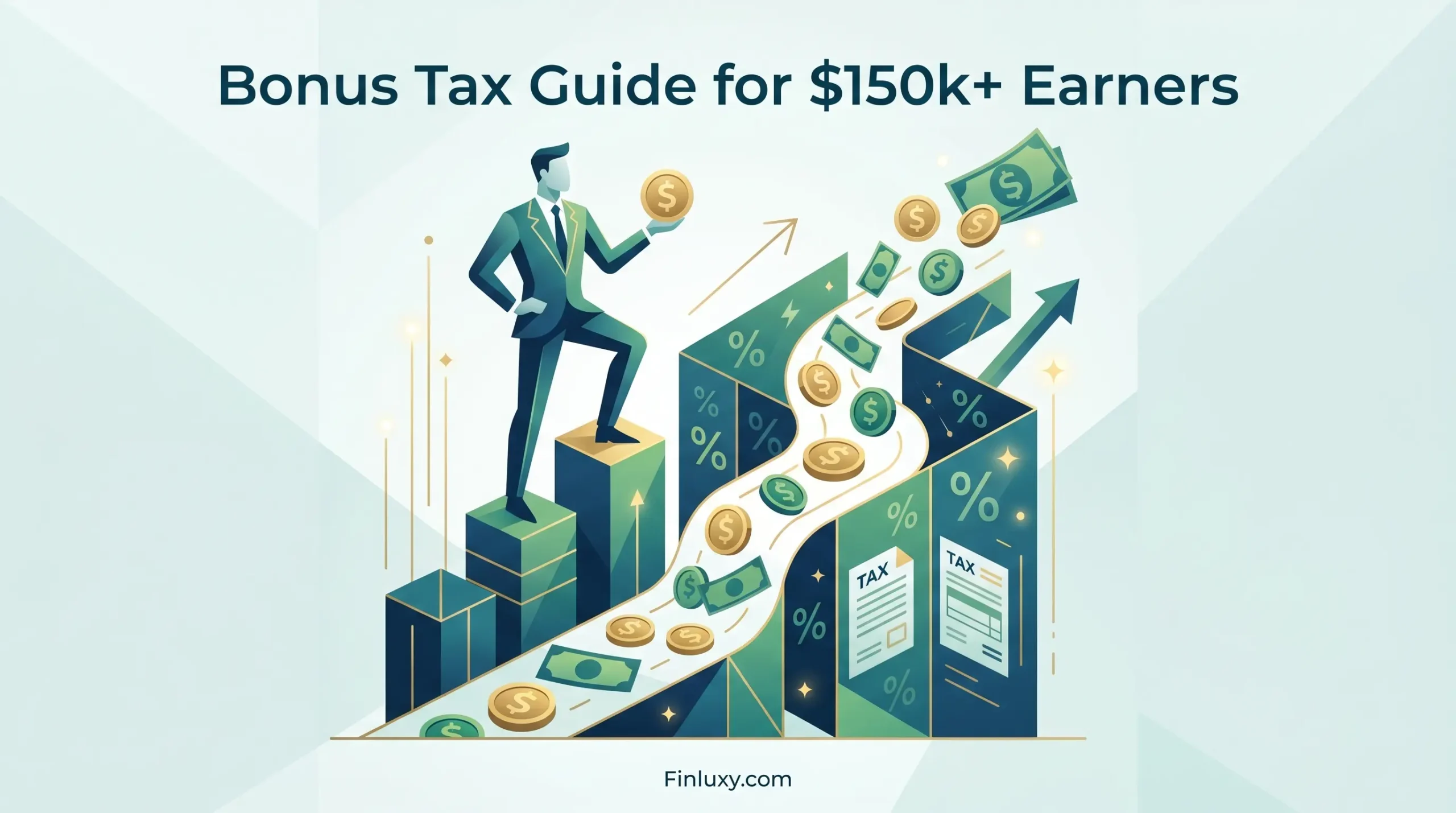 Minimalist geometric illustration of a faceless figure navigating ascending platforms with coins and tax symbols.