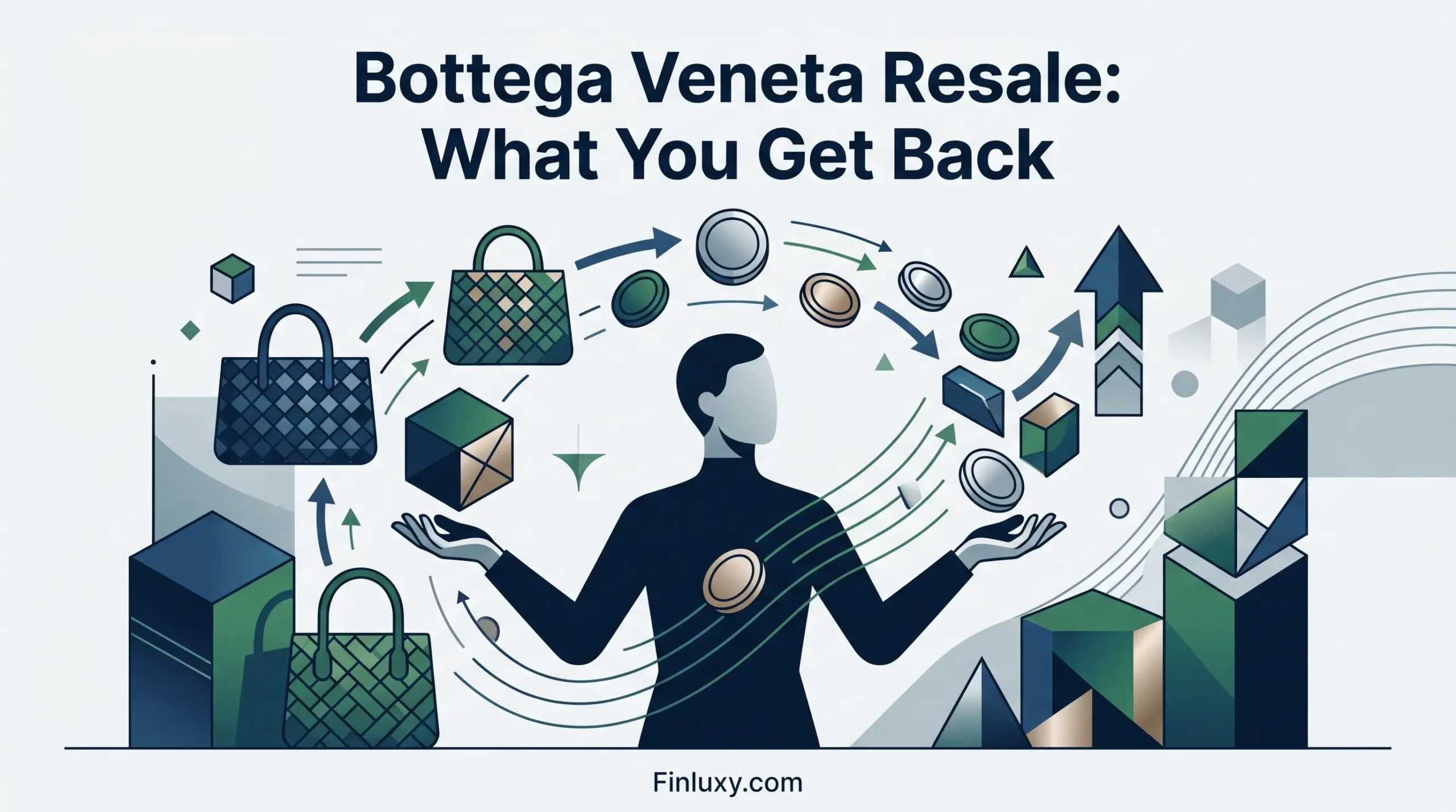 A stylized geometric illustration with luxury bags and a figure managing financial value, featuring the title 'Bottega Veneta Resale: What You Get Back'.