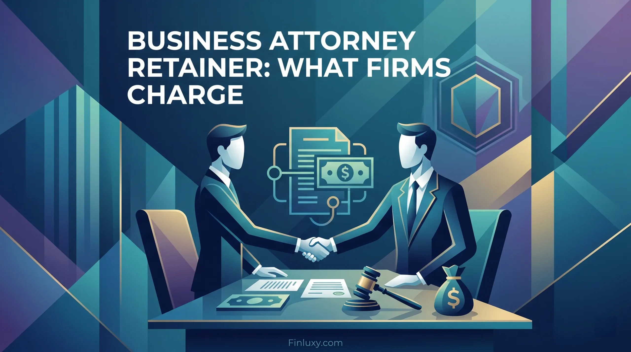 Geometric vector illustration of two business professional figures shaking hands at a desk with a gavel and contract.