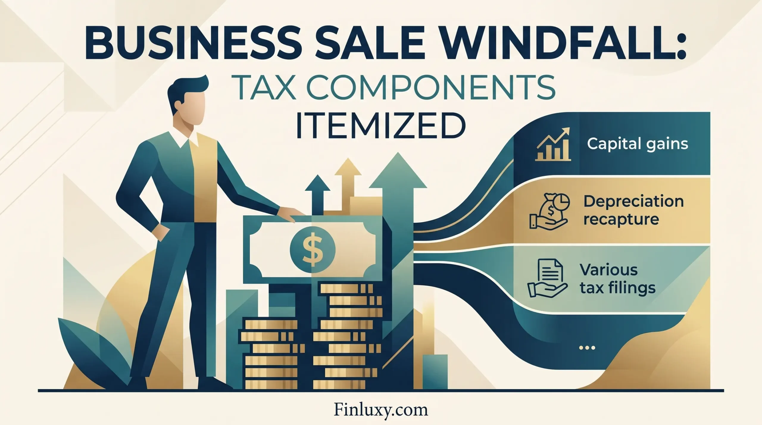 Geometric vector illustration explaining different tax components like capital gains and depreciation recapture after selling a business.