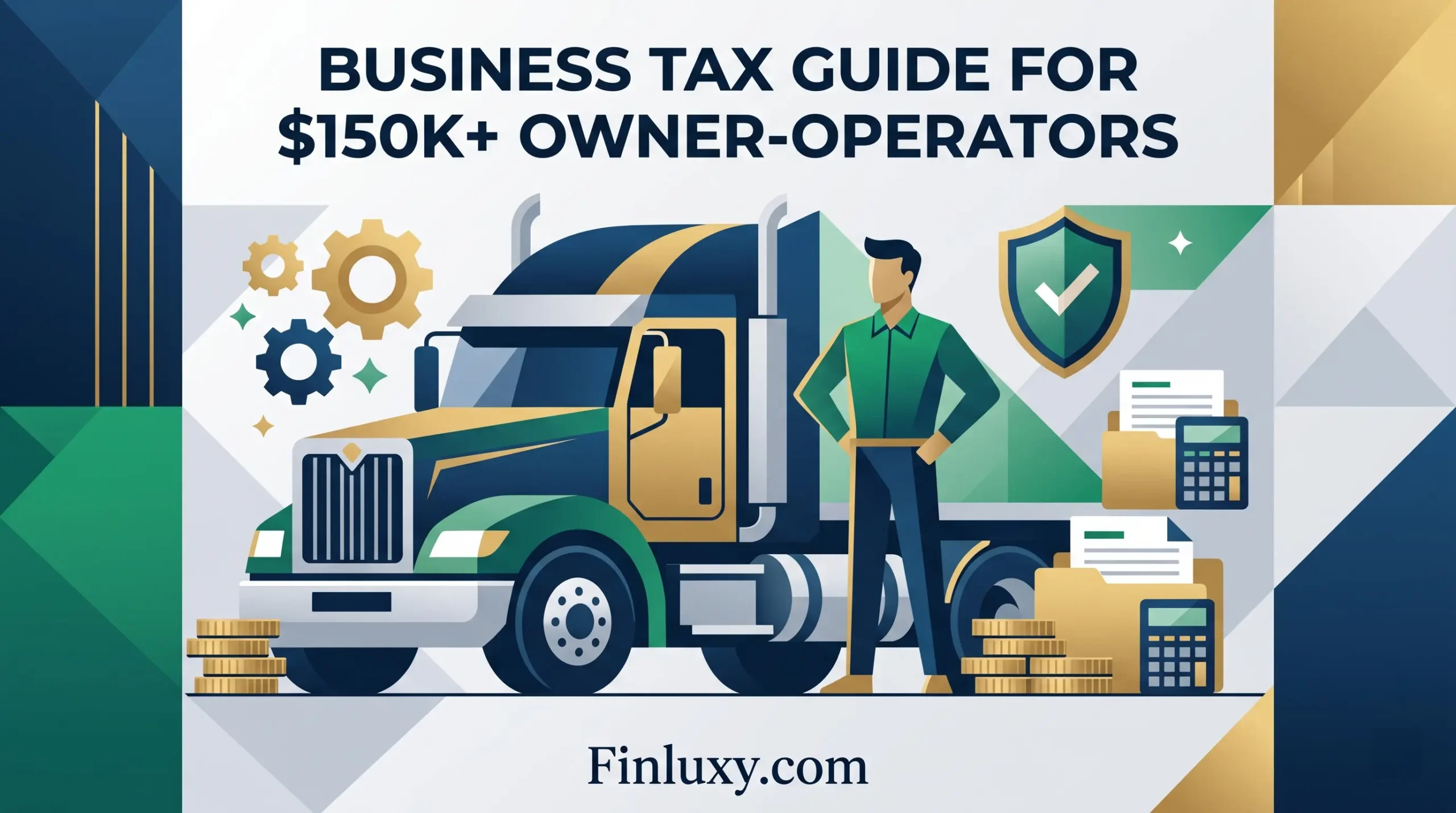 A modern geometric illustration of a truck driver next to an eighteen-wheeler, representing a business tax guide for high-earning owner-operators.