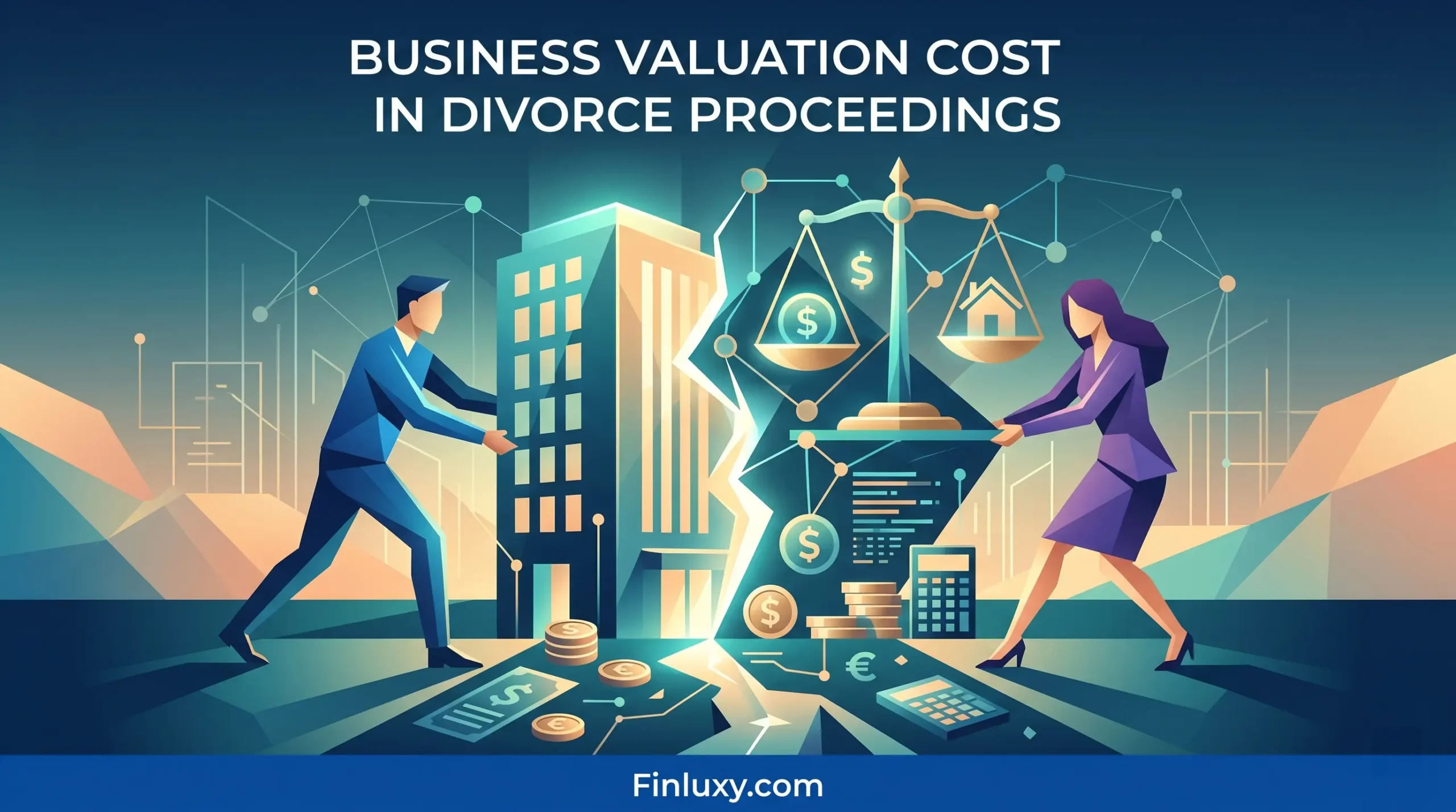 Modern vector illustration showing a business building being split during divorce proceedings with scales measuring value, with text Finluxy.com at bottom.