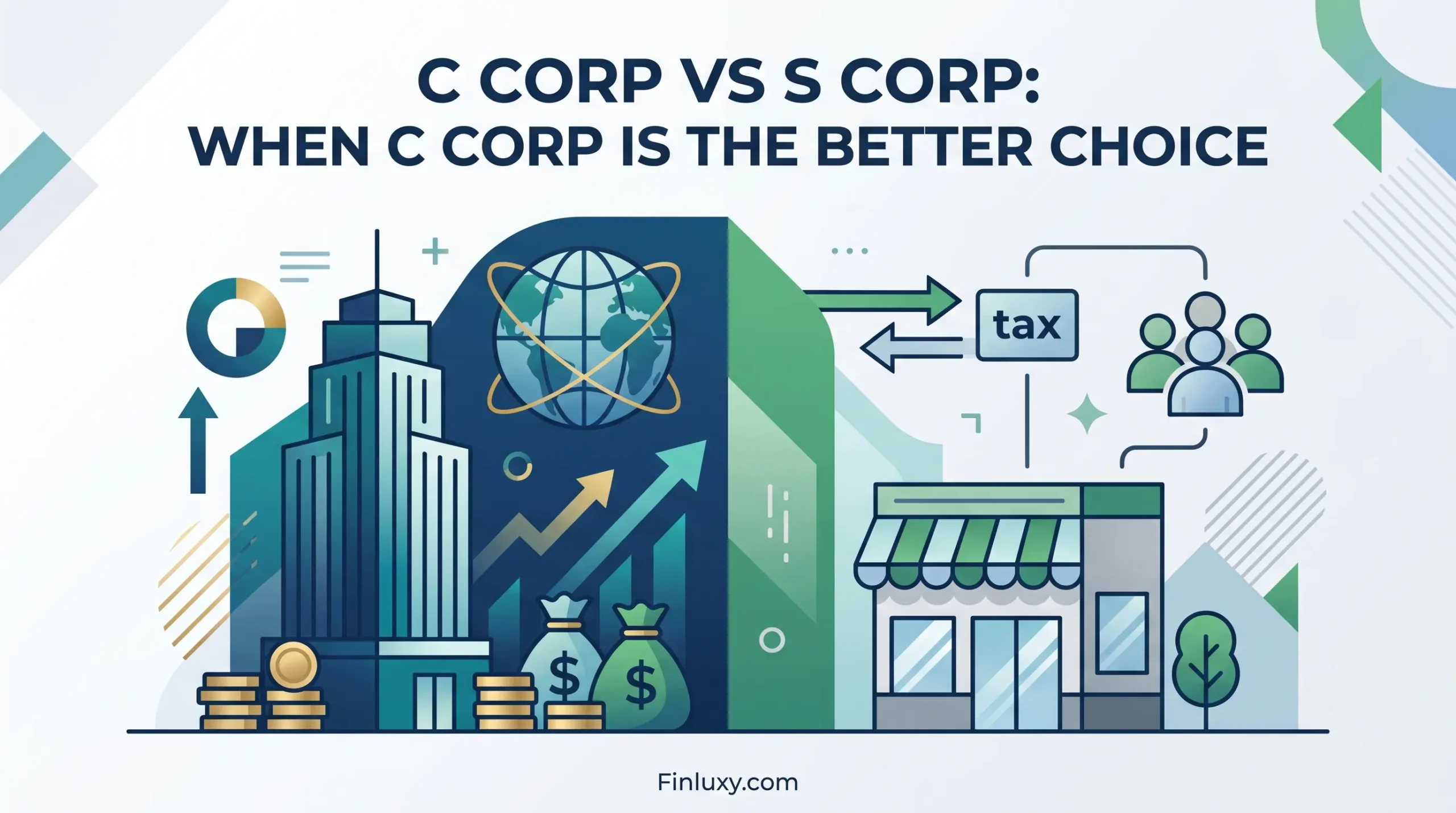 Geometric vector illustration comparing a large C Corp building with international reach to a smaller S Corp storefront.
