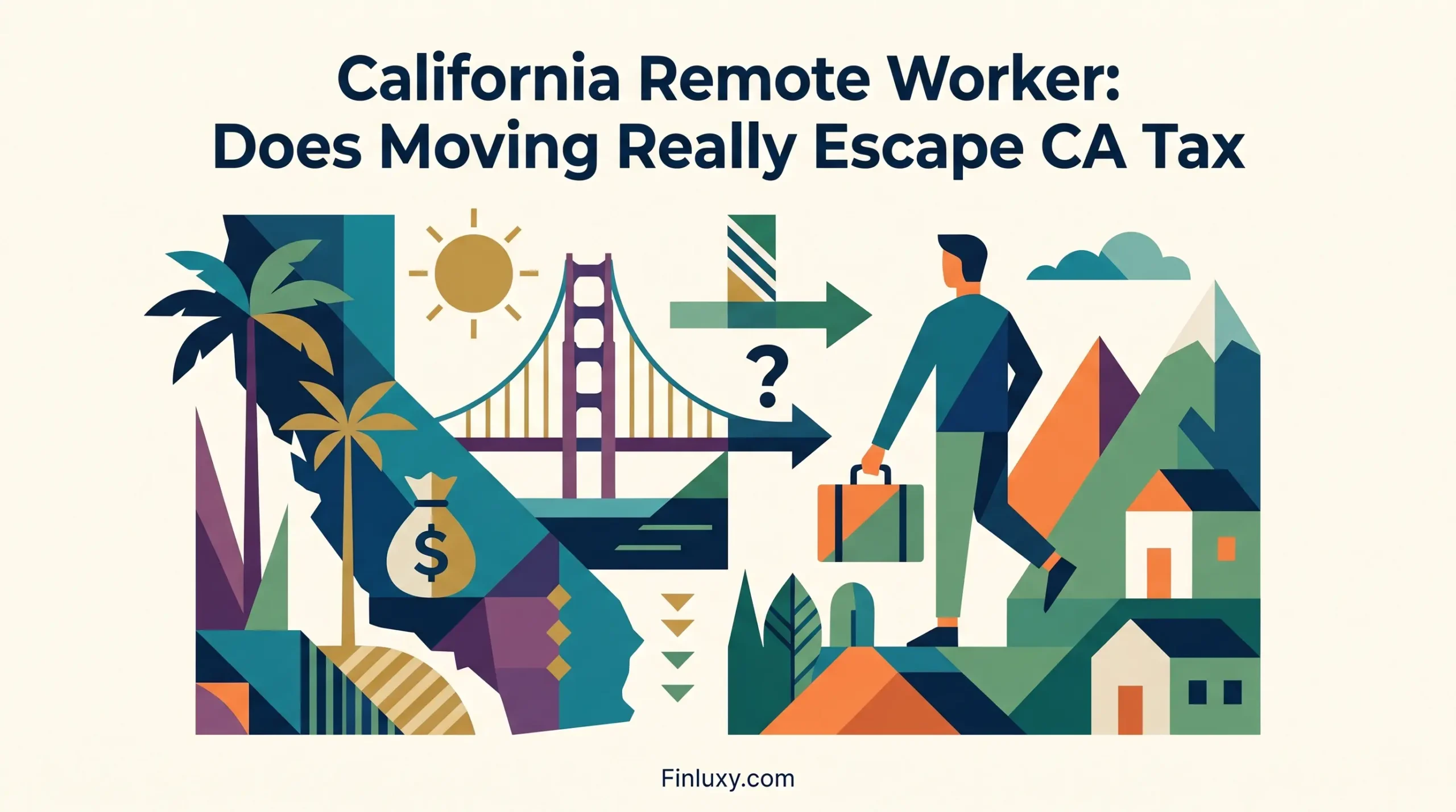 Geometric vector illustration of a person with a suitcase walking away from California toward mountains, with a question mark.