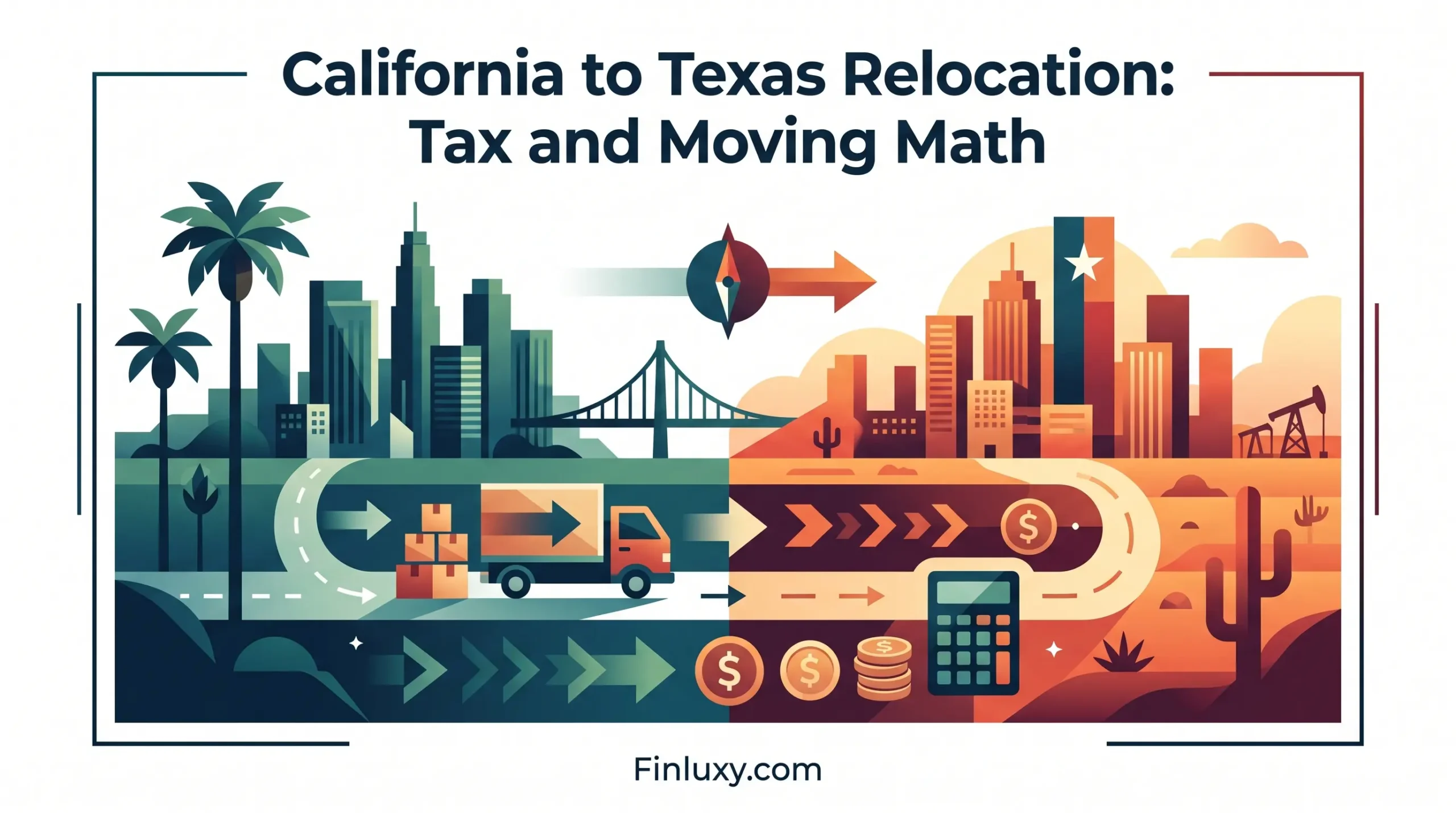 Geometric vector illustration contrasting California and Texas cityscapes with a moving truck and financial symbols.