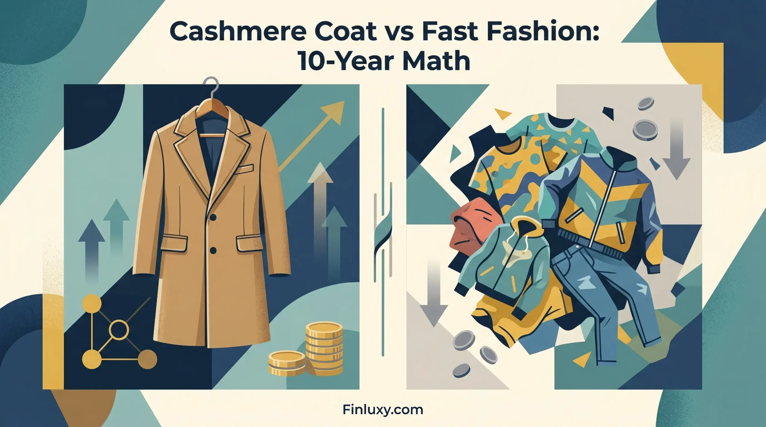 A geometric illustration compares a high-quality cashmere coat to a pile of trendy, low-quality fast fashion clothing items.