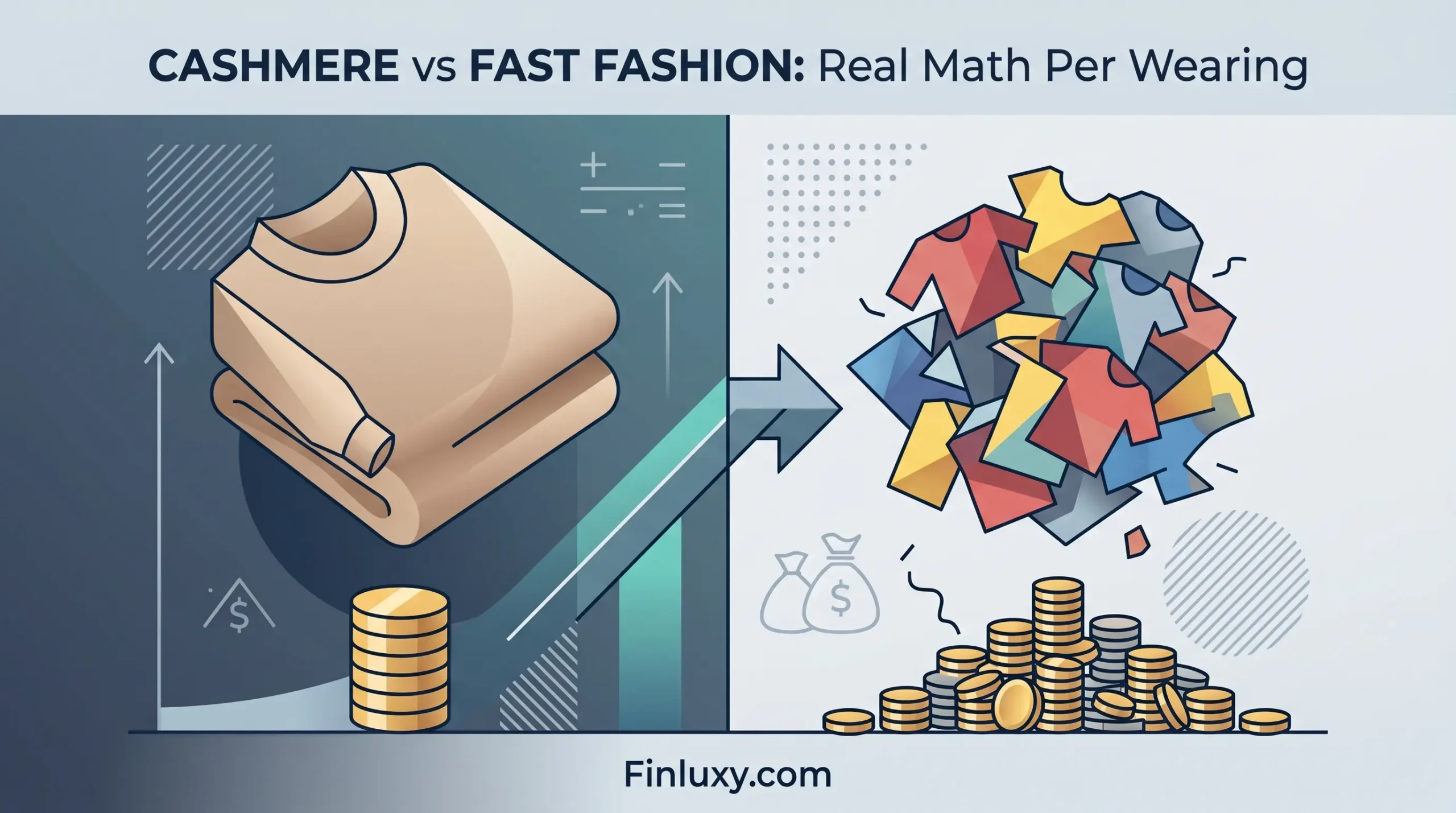 A modern geometric illustration comparing a high-quality cashmere sweater to a messy pile of multiple fast-fashion shirts.