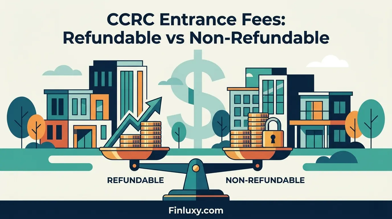 Geometric vector illustration comparing refundable and non-refundable CCRC fees on a balance scale, for Finluxy.com.