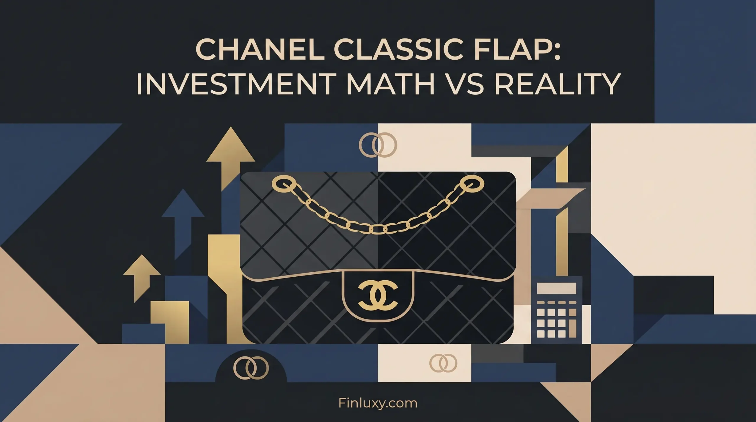 A minimalist geometric vector illustration of a black quilted handbag with upward arrows and a calculator symbol on a navy and beige background.