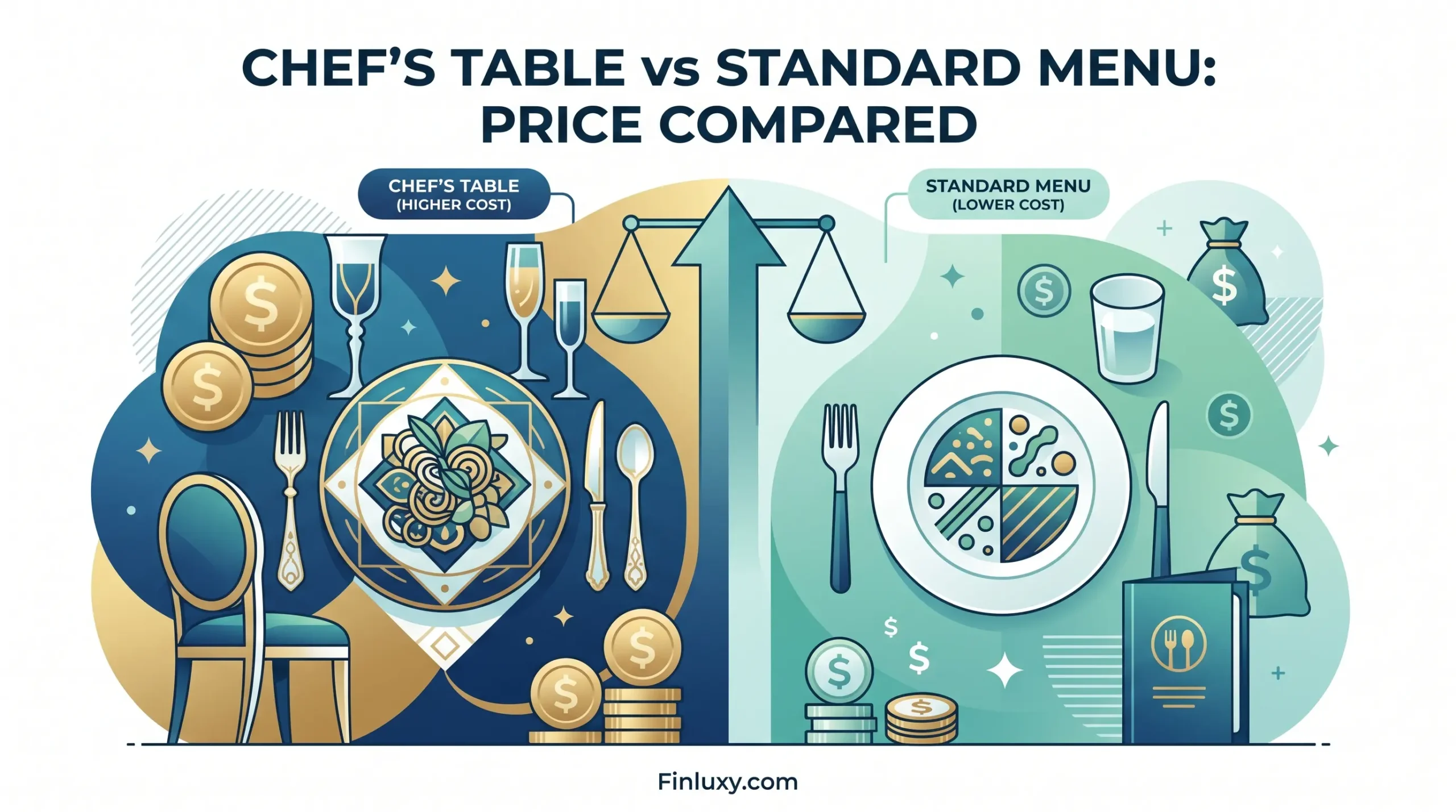 A geometric vector illustration contrasting an elaborate dining setting with a simple one, representing the price comparison between Chef’s Table and standard menus.