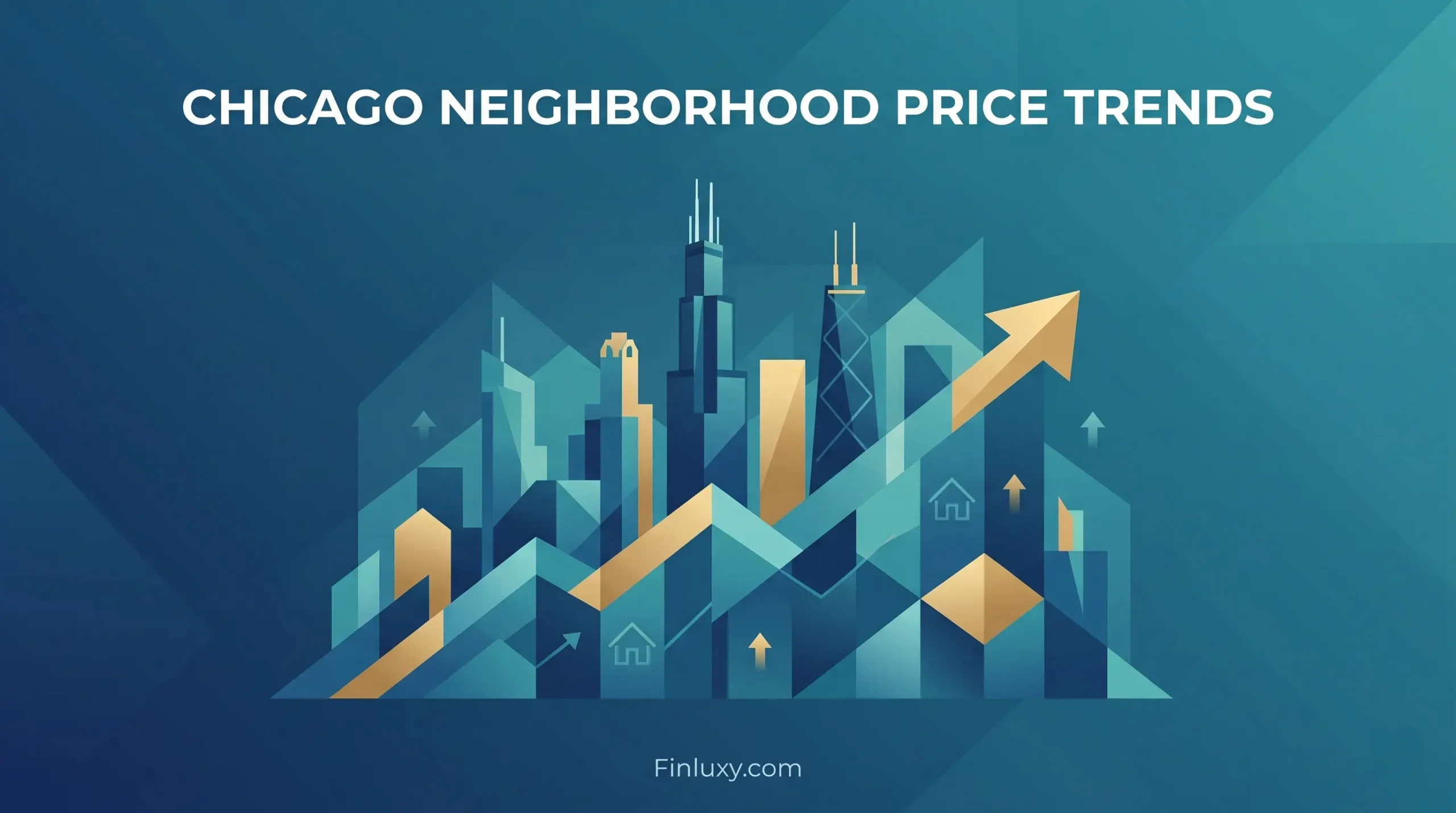 Geometric vector illustration of Chicago skyline with upward arrows and house icons, representing real estate price trends.