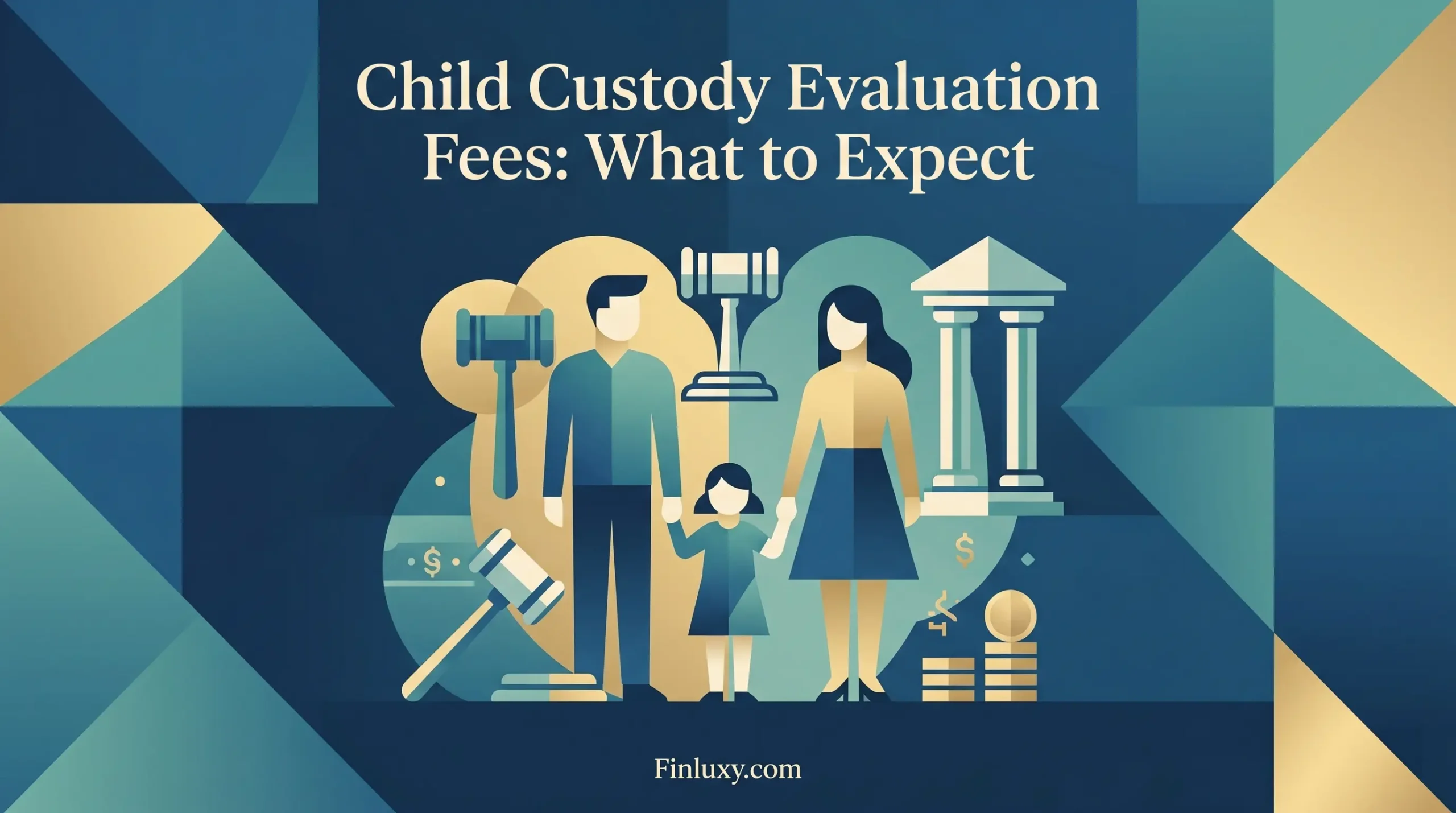A modern, geometric vector illustration showing a family figure with legal gavels, pillars, and coins to represent child custody evaluation fees.