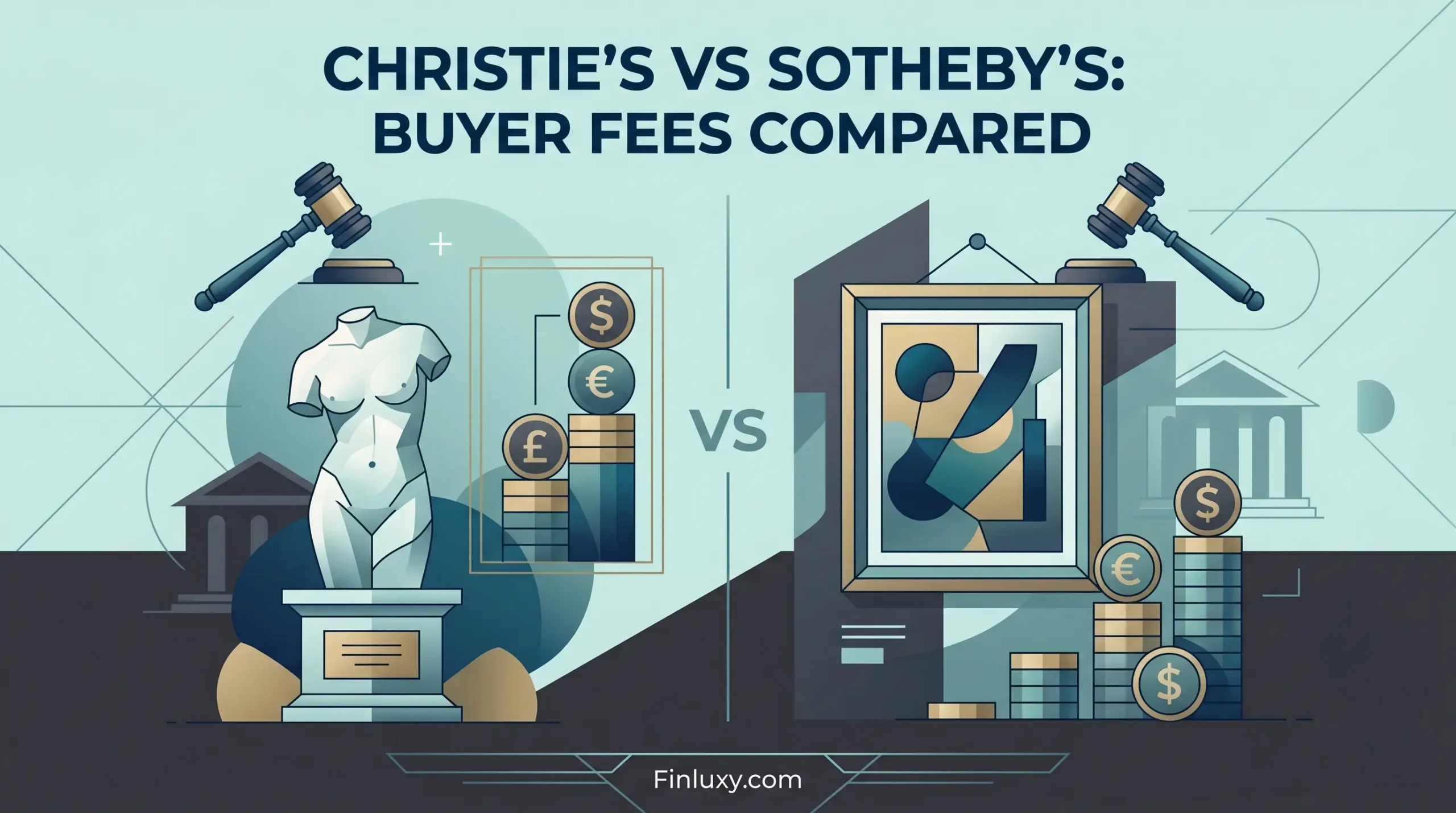 A modern vector illustration for an article comparing buyer fees at Christie's and Sotheby's.