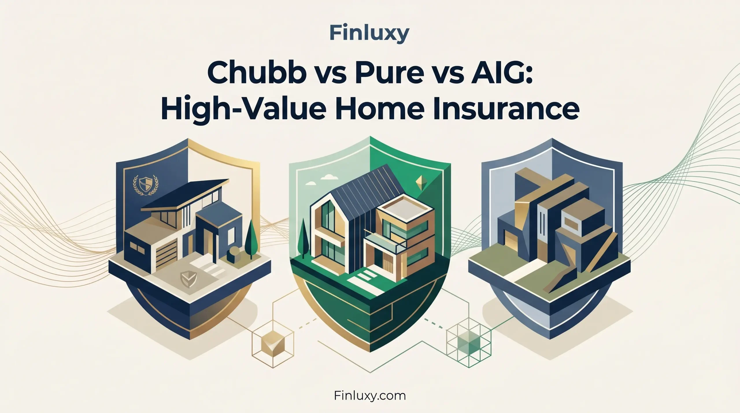 Geometric illustration of three luxury houses inside protective shields, with the title "Chubb vs Pure vs AIG: High-Value Home Insurance."