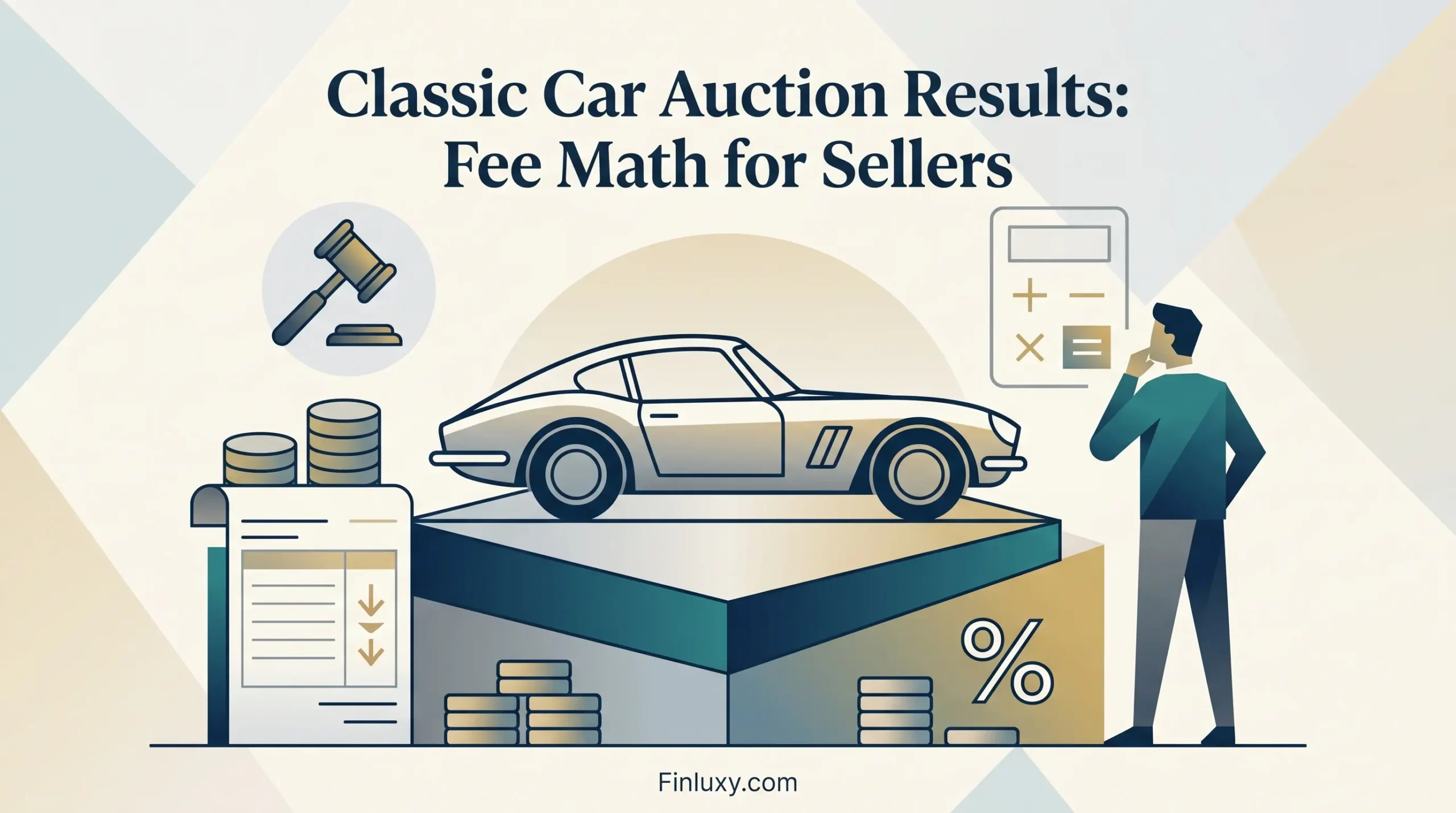 Geometric vector illustration of a classic sports car on an auction block, surrounded by subtle financial icons and text.