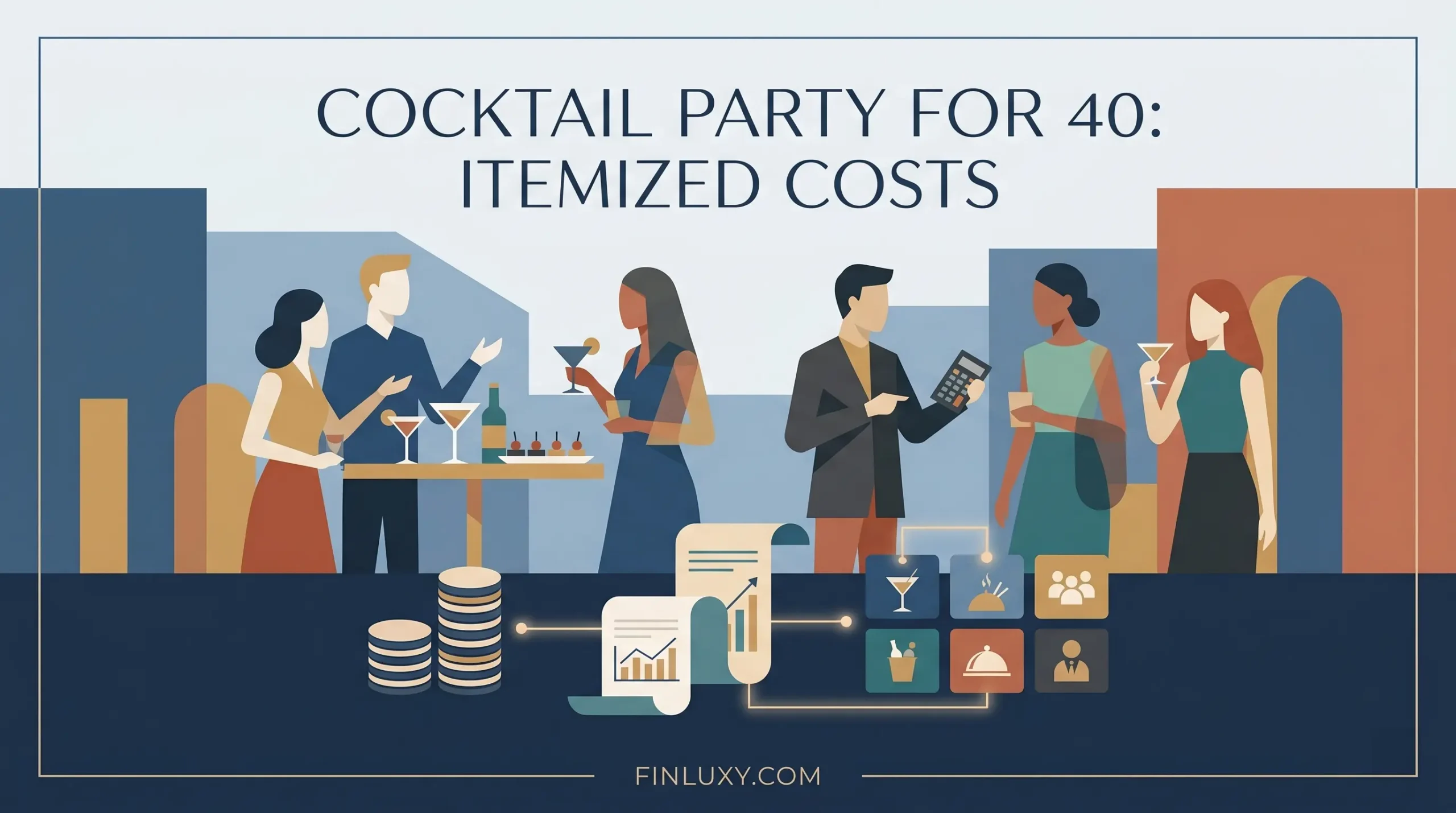 Geometric vector illustration of a cocktail party with guests, financial receipt icons, and the headline "Cocktail Party for 40: Itemized Costs."