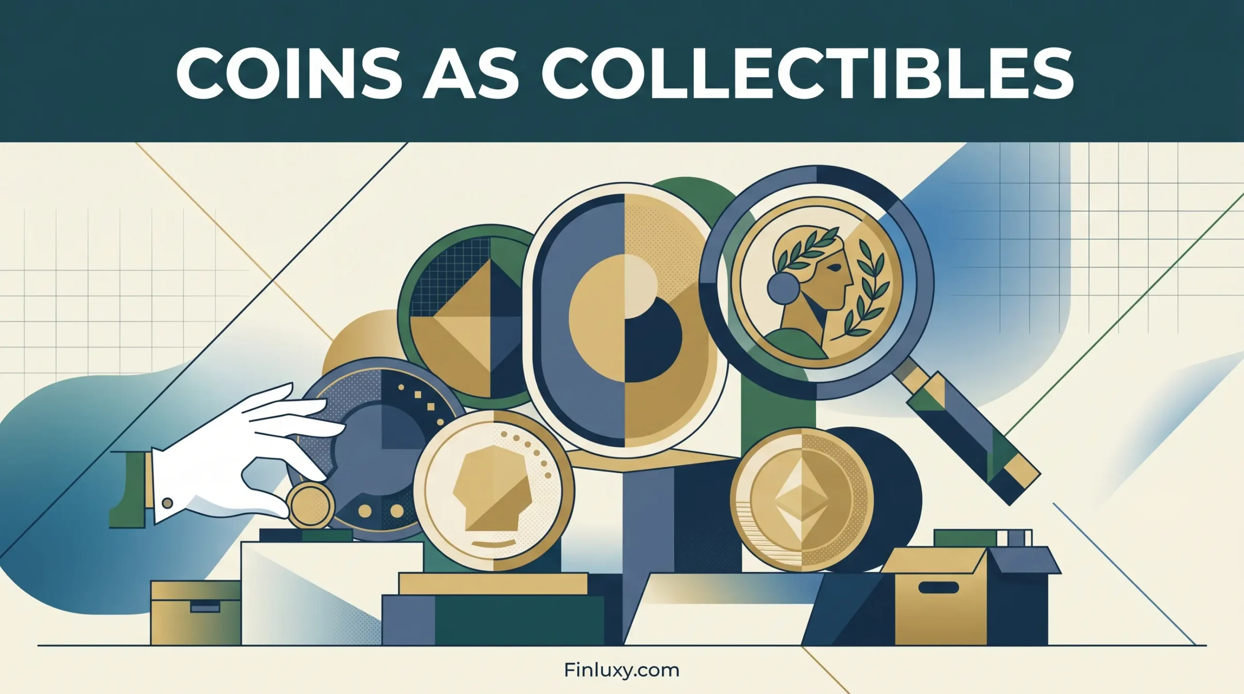 Modern geometric illustration showing stylized coins, a magnifying glass, and a white-gloved hand.