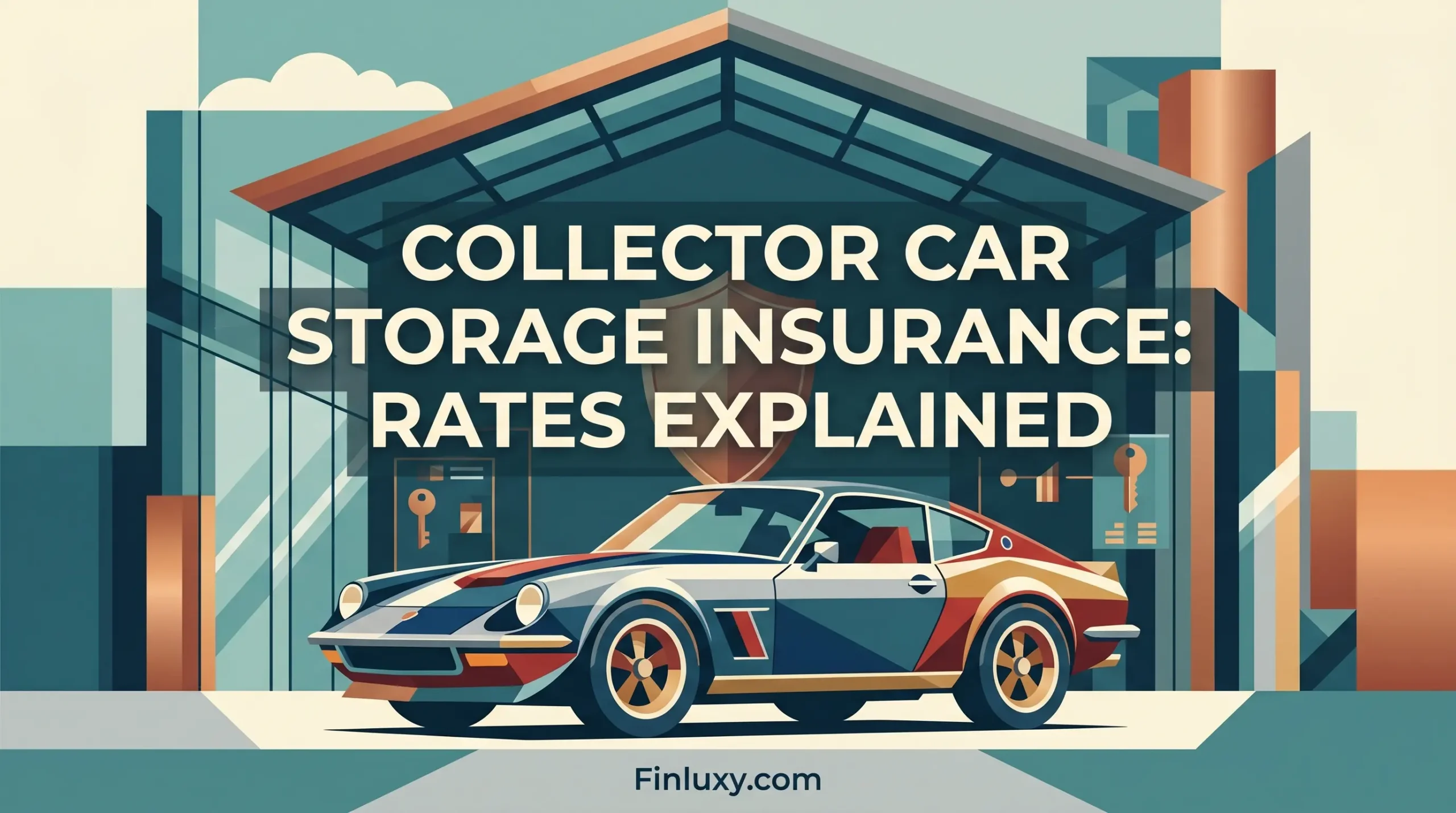 A geometric vector illustration for Finluxy shows a classic sports car parked in front of a modern storage garage, with a shield and key icons. The text reads: "Collector Car Storage Insurance: Rates Explained."
