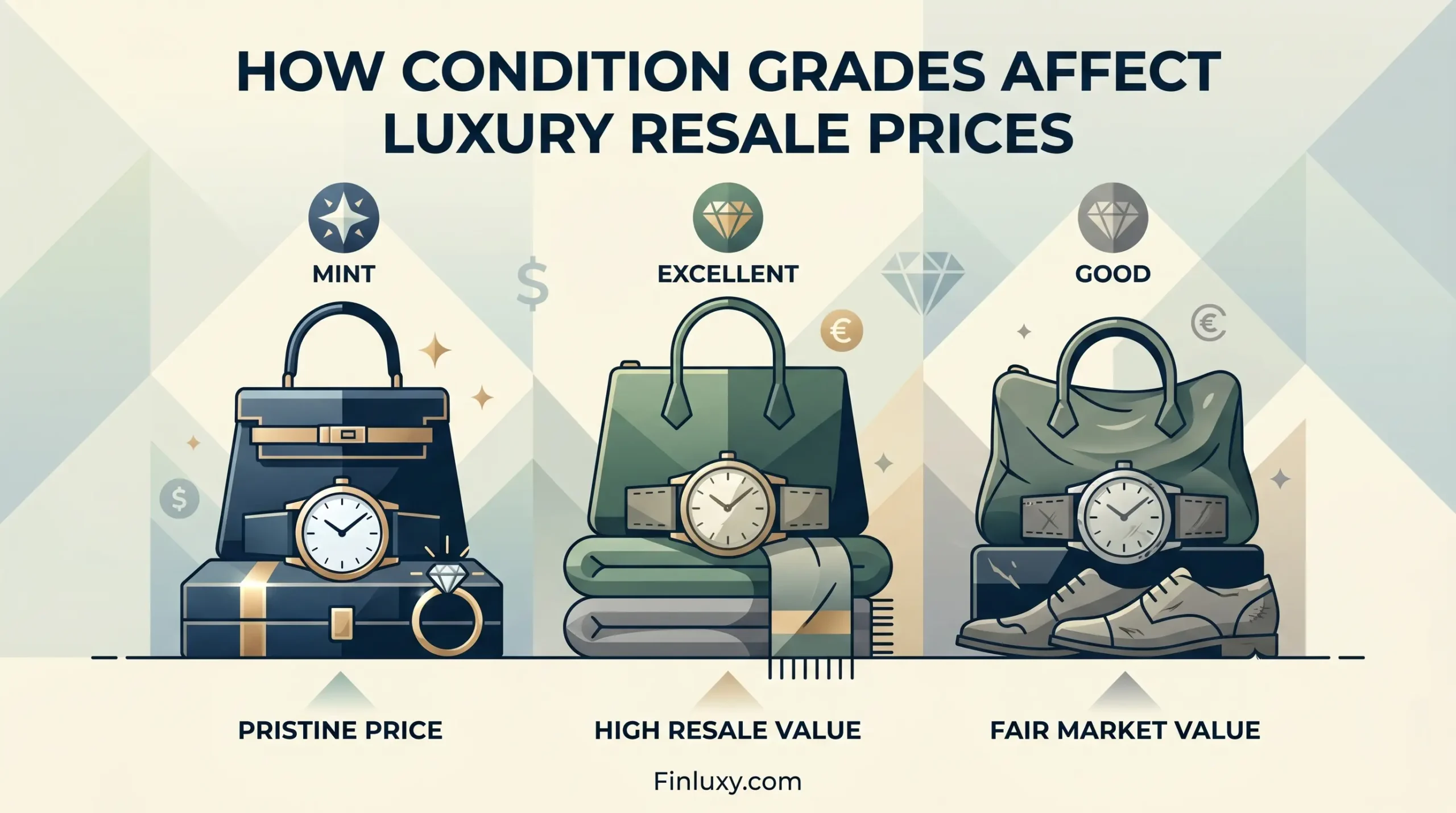 Geometric vector illustration comparing luxury goods in mint, excellent, and good condition grades, with text about resale prices.