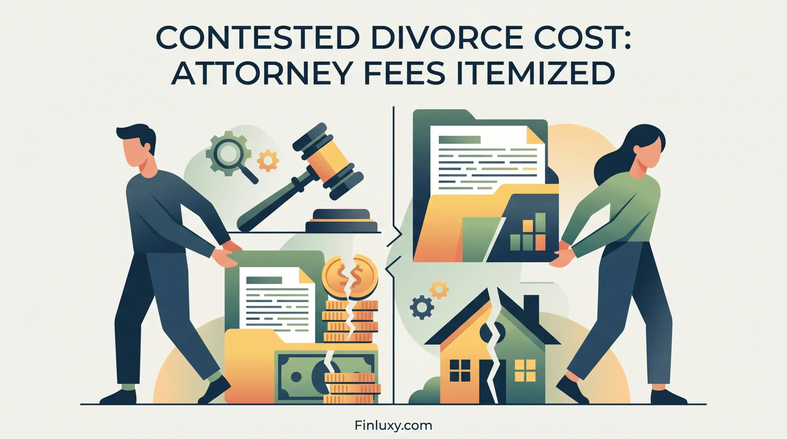 Geometric illustration showing a split house and gavel representing contested divorce attorney fees and asset division.