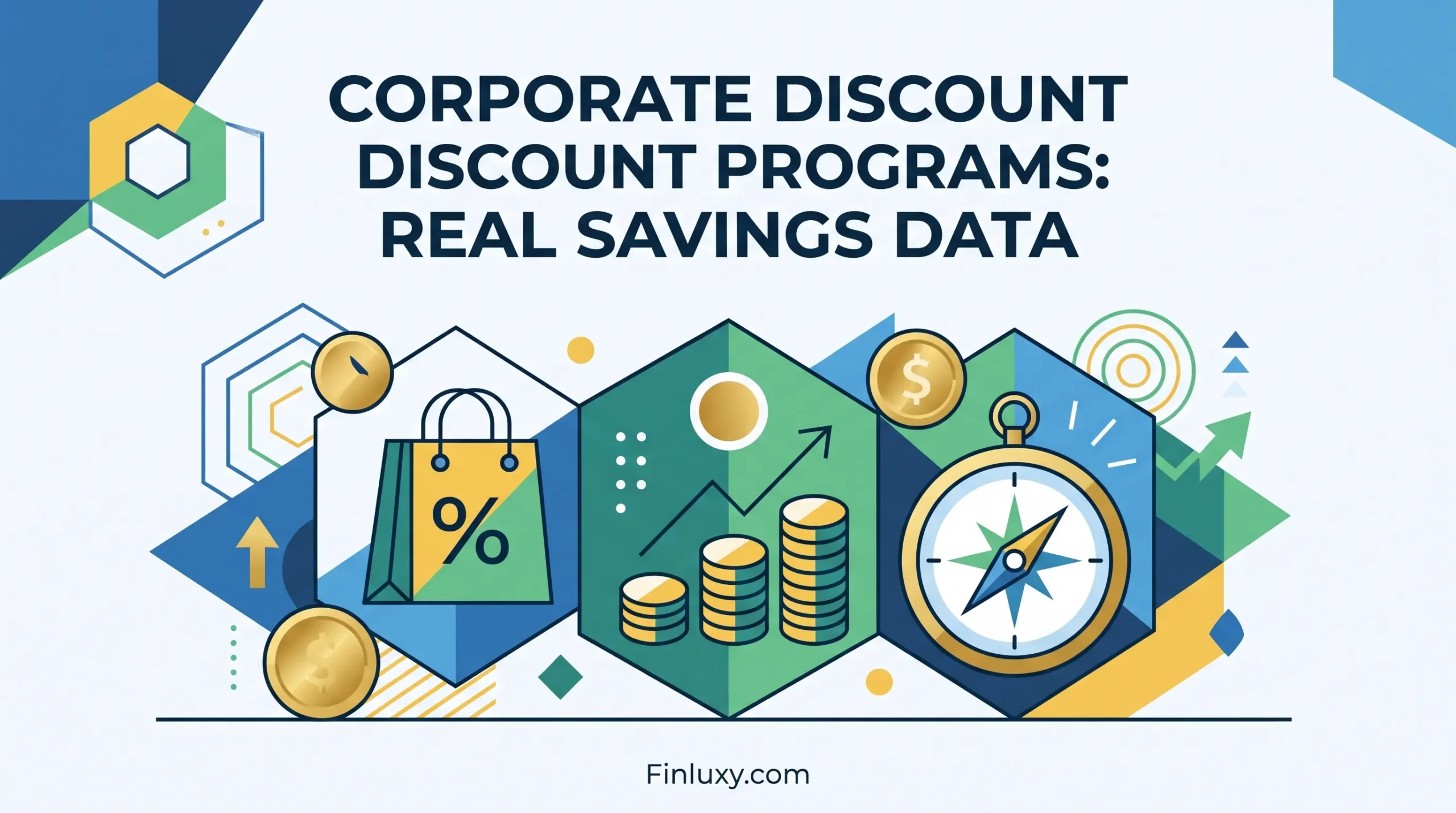 Geometric illustration showing a shopping bag, rising coin stacks, and a compass for corporate savings data.