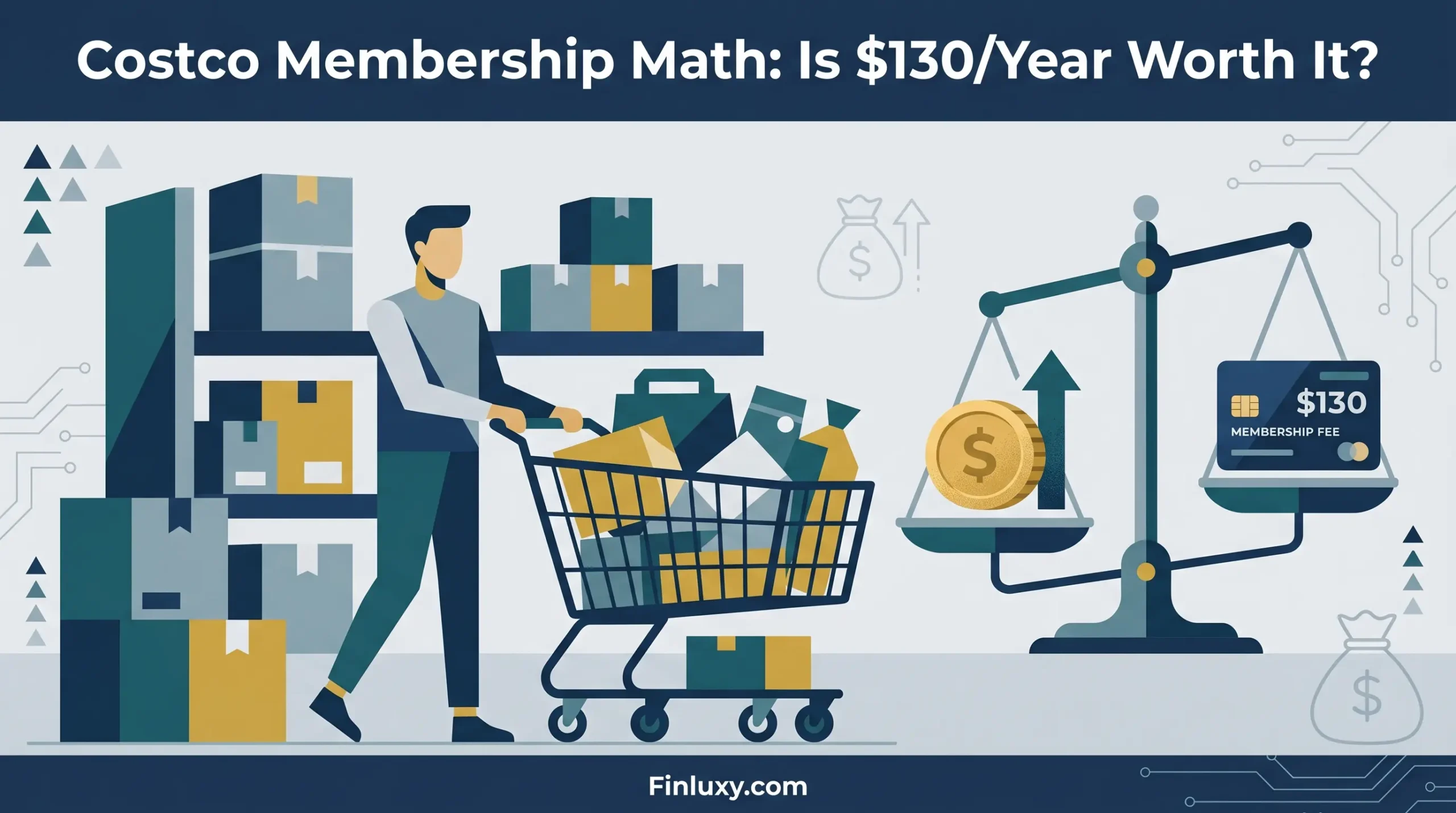 Geometric illustration comparing Costco membership cost on a scale against potential bulk savings with a shopping cart.