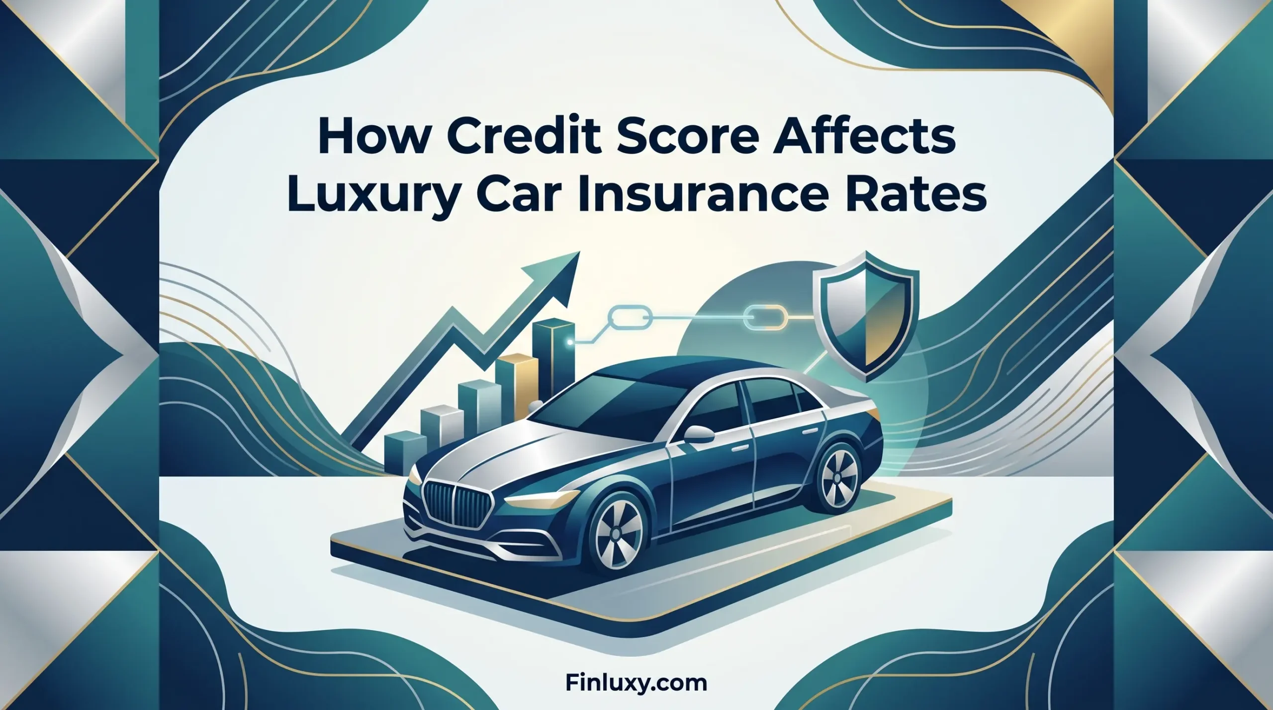 A premium geometric illustration for Finluxy showing a luxury car with an ascending bar chart and insurance shield, with title text above and URL below.