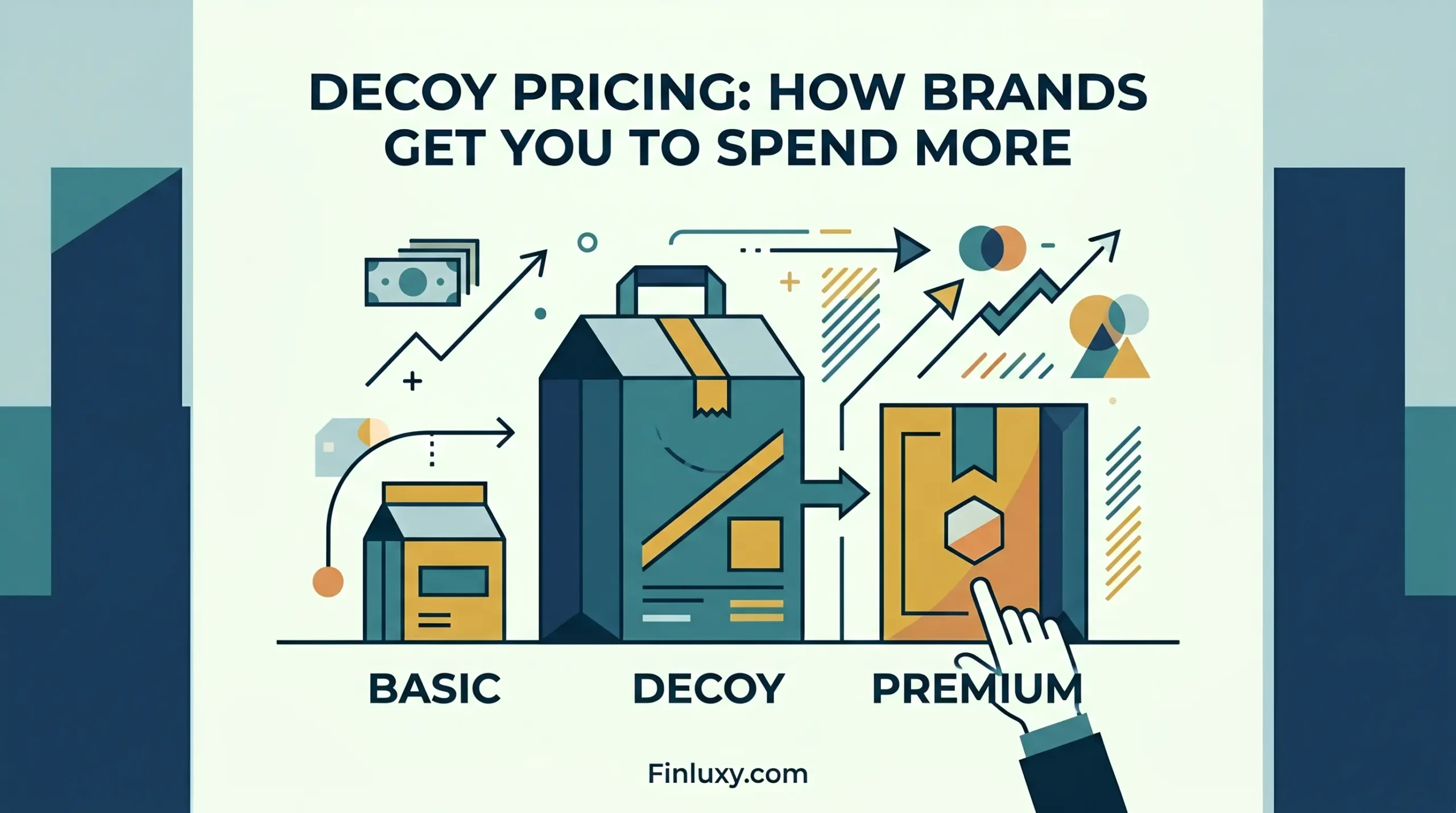 Geometric illustration showing three product options labeled basic, decoy, and premium, demonstrating decoy pricing strategies.