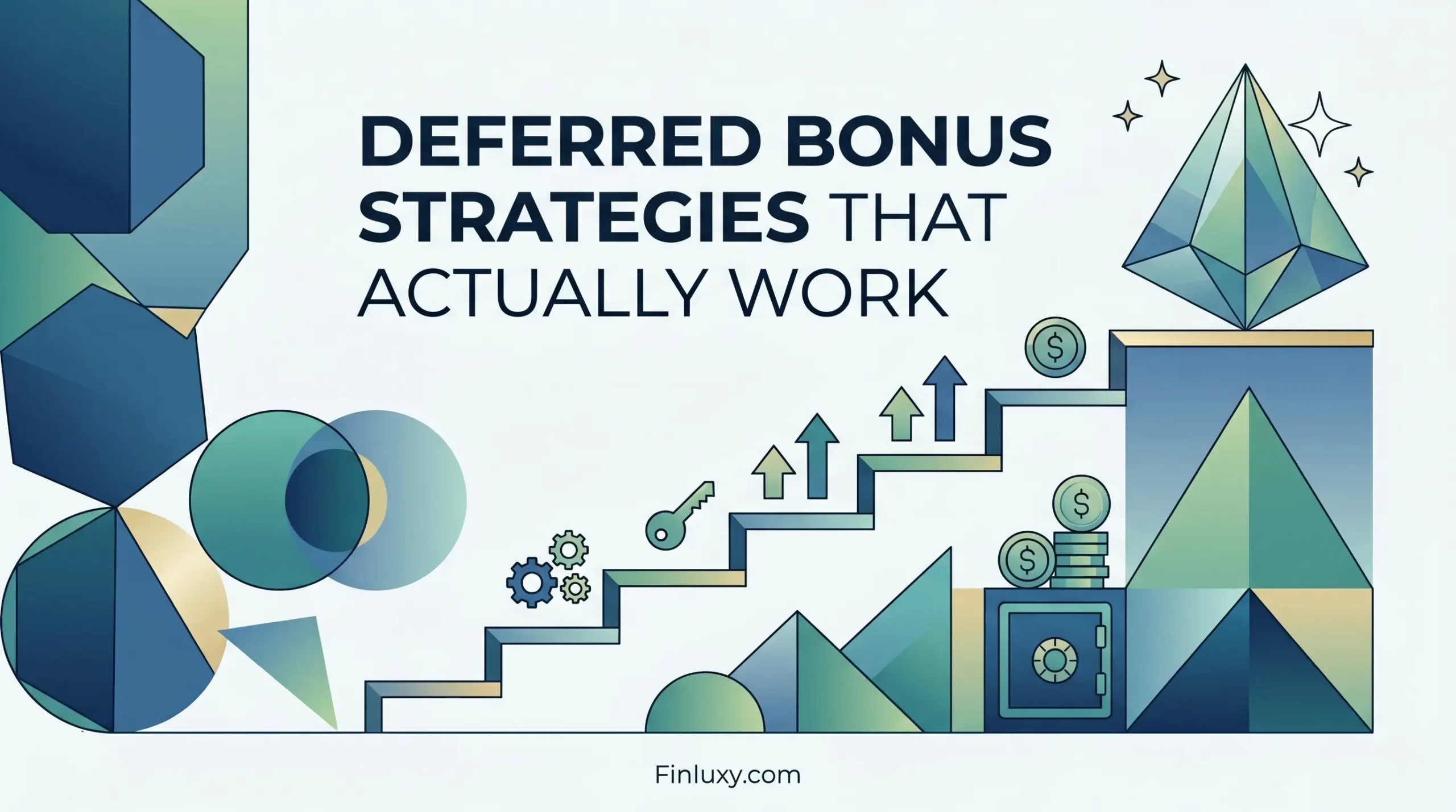 A minimalist geometric illustration showing abstract financial growth concepts with the headline "Deferred Bonus Strategies That Actually Work".