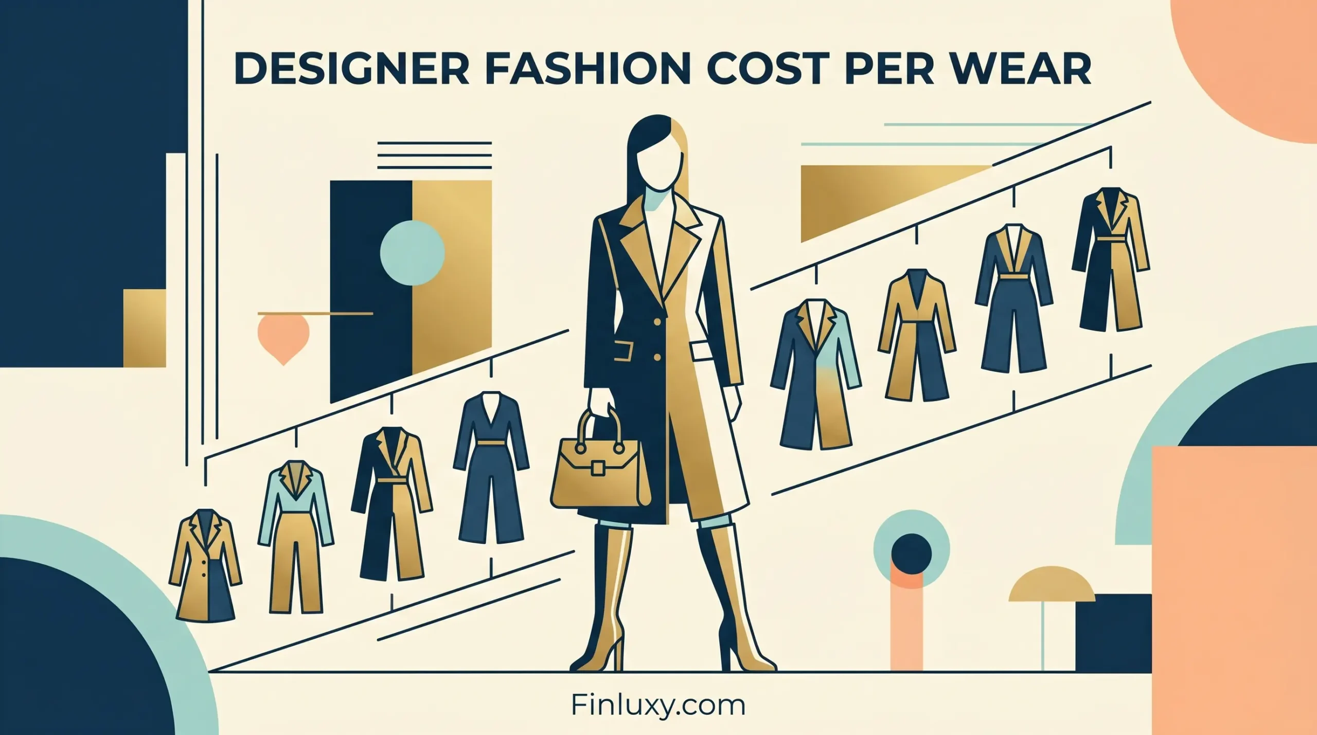 Geometric vector illustration of a woman with repeated outfit icons, representing the financial concept of designer fashion cost per wear.