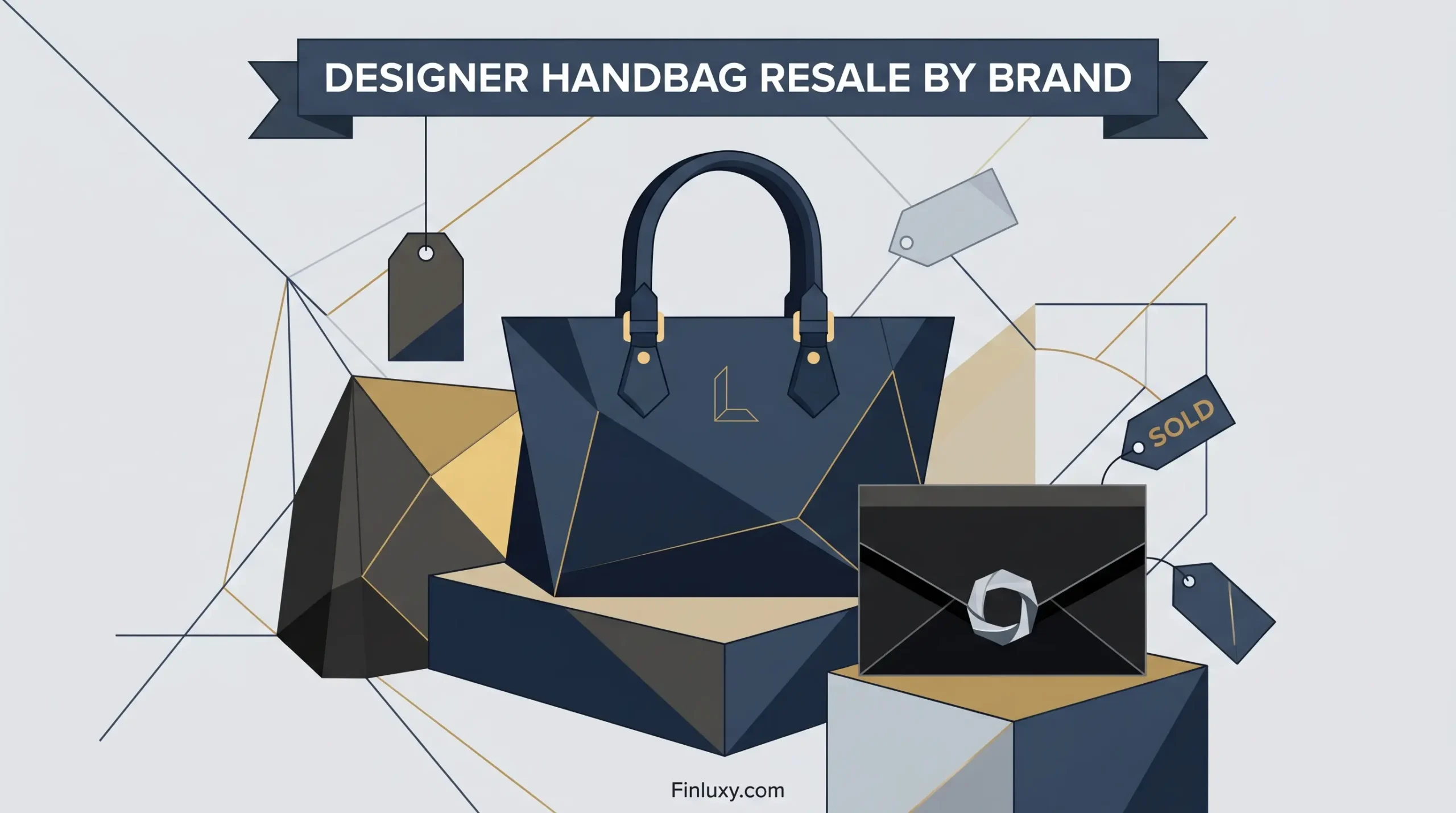 Geometric vector illustration of designer handbags and price tags for a Finluxy article about handbag resale value by brand.