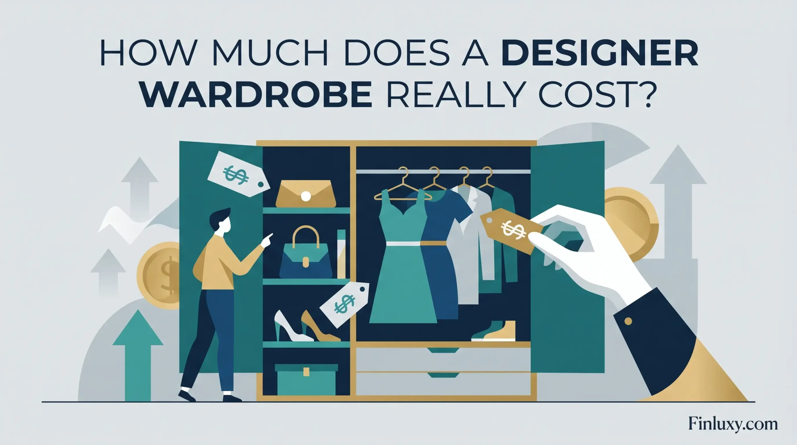 Geometric illustration of a person examining an expensive designer wardrobe with large dollar price tags, set against a teal and gold background with financial growth arrows.