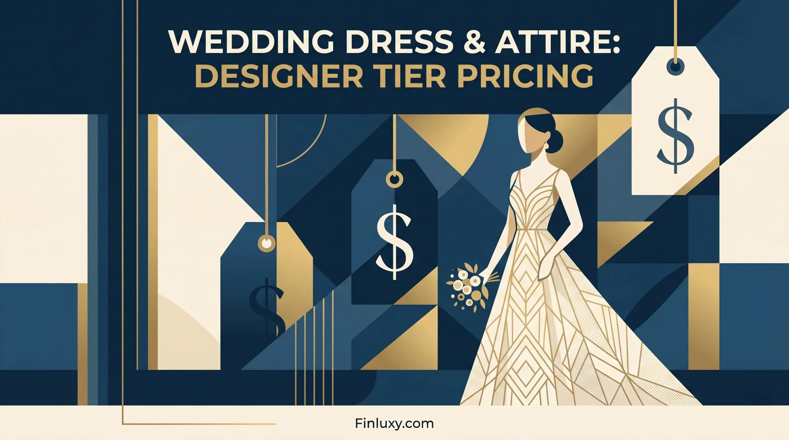 Geometric vector illustration of a bride in a stylized wedding gown next to tiered price tags with dollar signs.