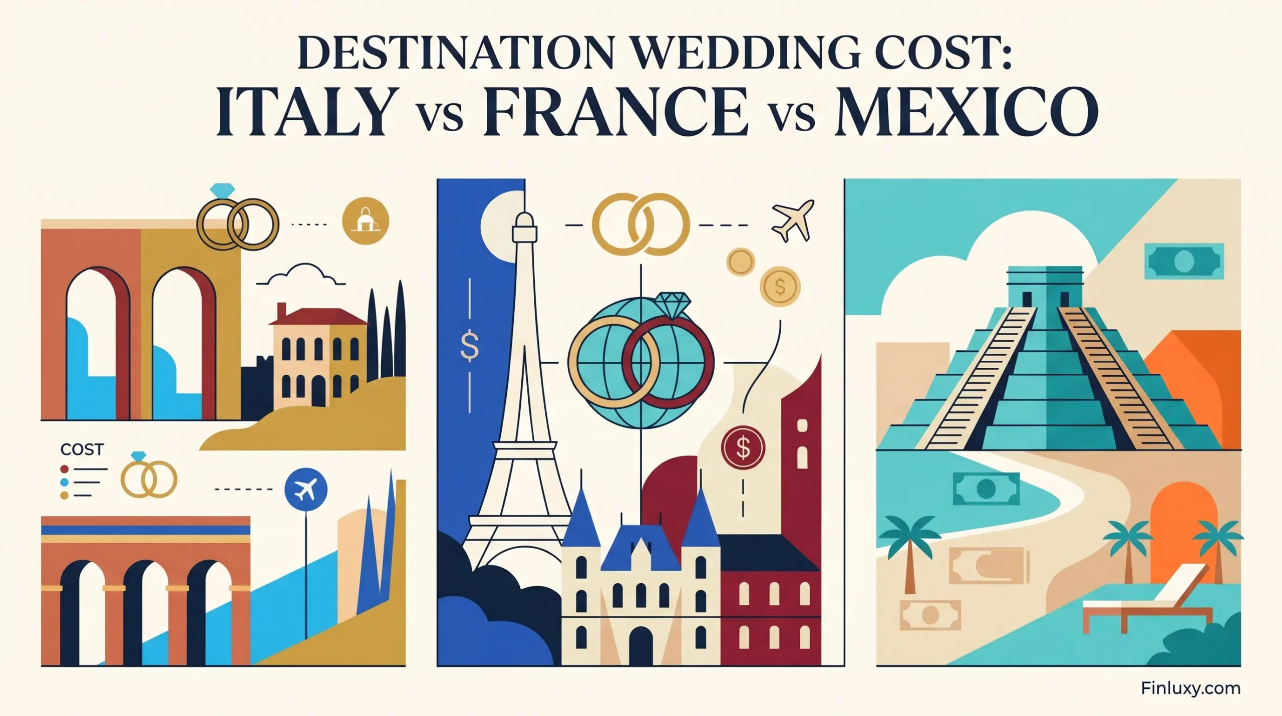 Geometric illustration comparing wedding costs in Italy, France, and Mexico with stylized landmarks and financial icons.