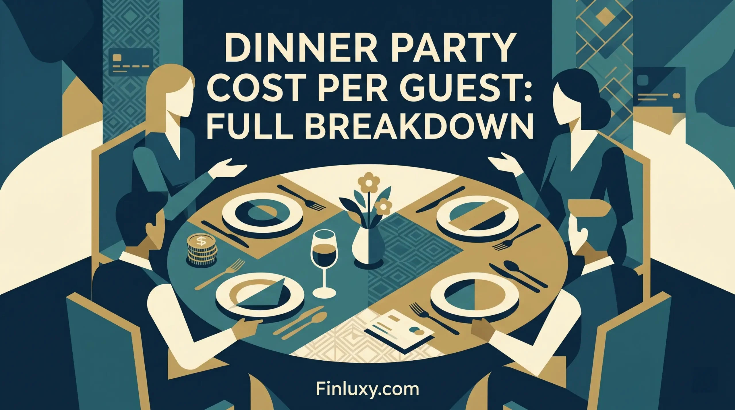 Geometric vector illustration of people dining, with finance icons, featuring the headline 'Dinner Party Cost Per Guest: Full Breakdown'.