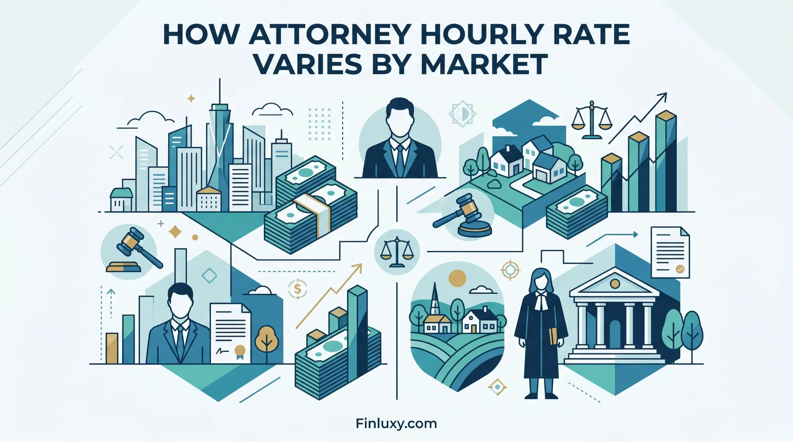 A clean vector illustration comparing high legal costs in a stylized city to lower costs in rural markets, labeled with article title and Finluxy.com.