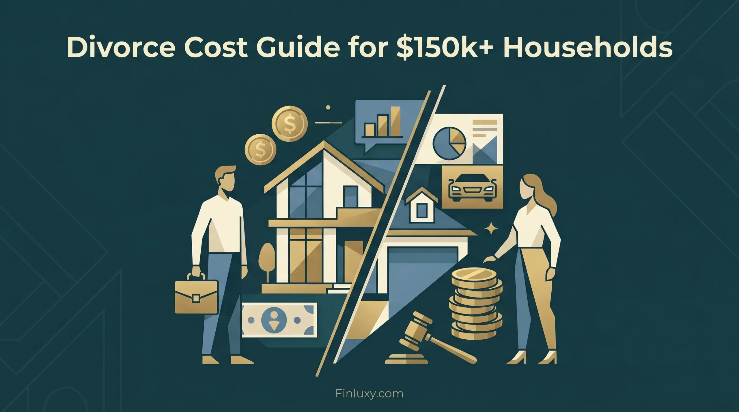 Geometric vector illustration showing a house, assets, and money split between a couple, representing a high-income divorce cost guide.