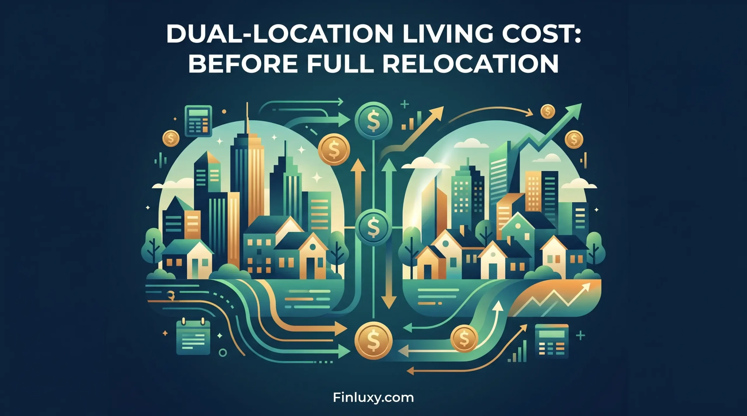Geometric illustration showing two connected cities, money symbols, and arrows illustrating the financial costs of dual-location living.