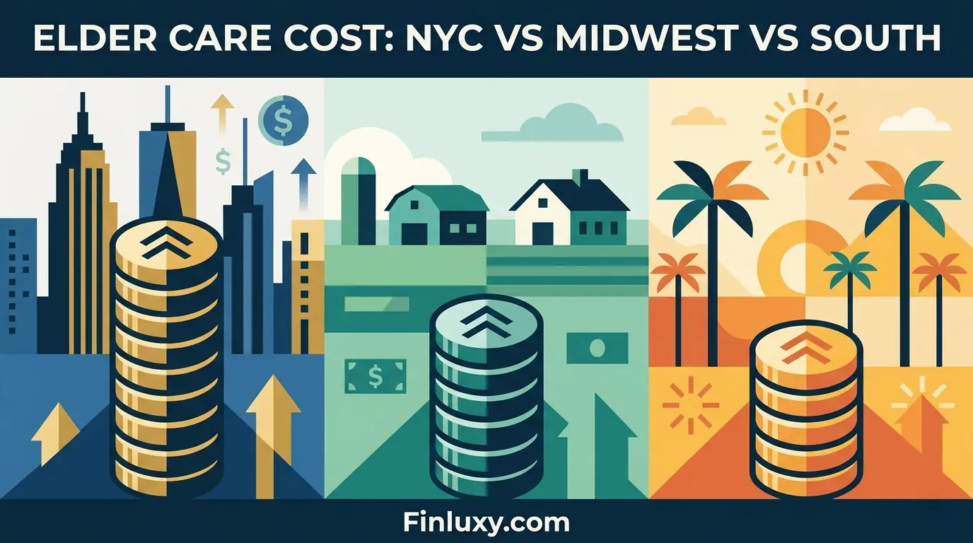 Geometric illustration comparing elder care costs with three stacks of coins in front of NYC, Midwest, and Southern landscapes.