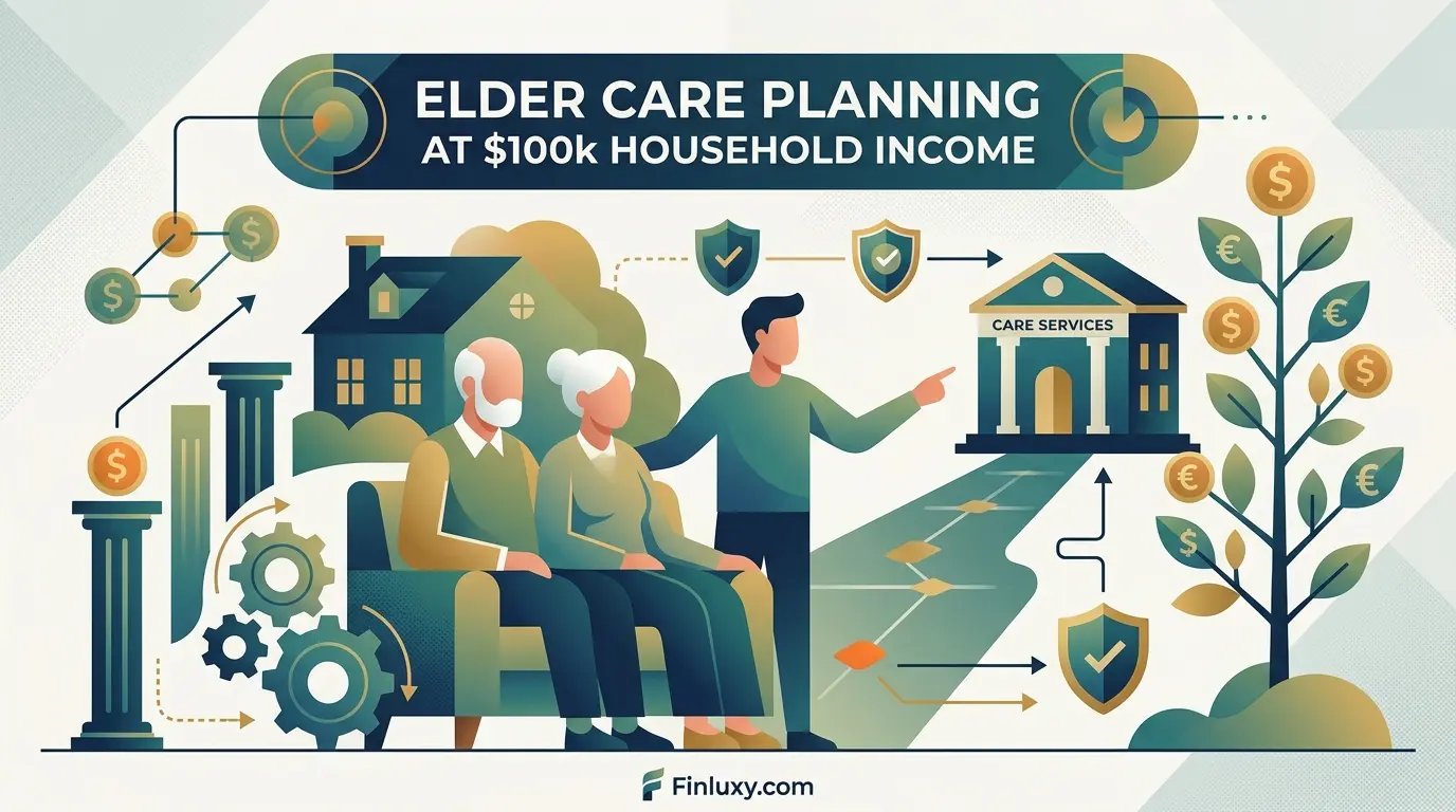 Elder care planning concept on a $100k income, geometric illustration with Finluxy.com logo.