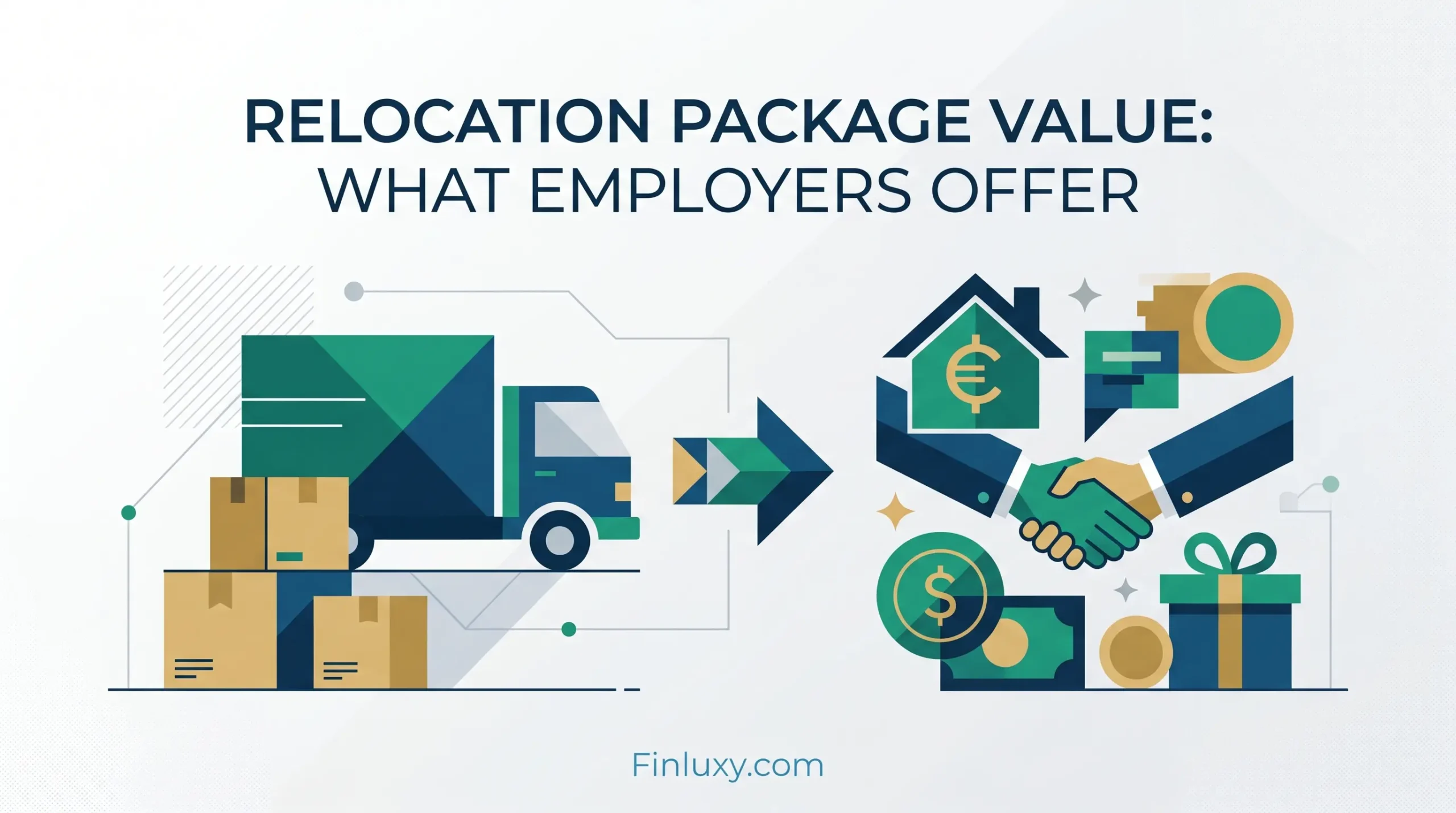 Geometric vector illustration for a Finluxy article titled "Relocation Package Value: What Employers Offer." A moving truck and boxes transition into abstract symbols of housing, handshake, and money on a clean, light background.