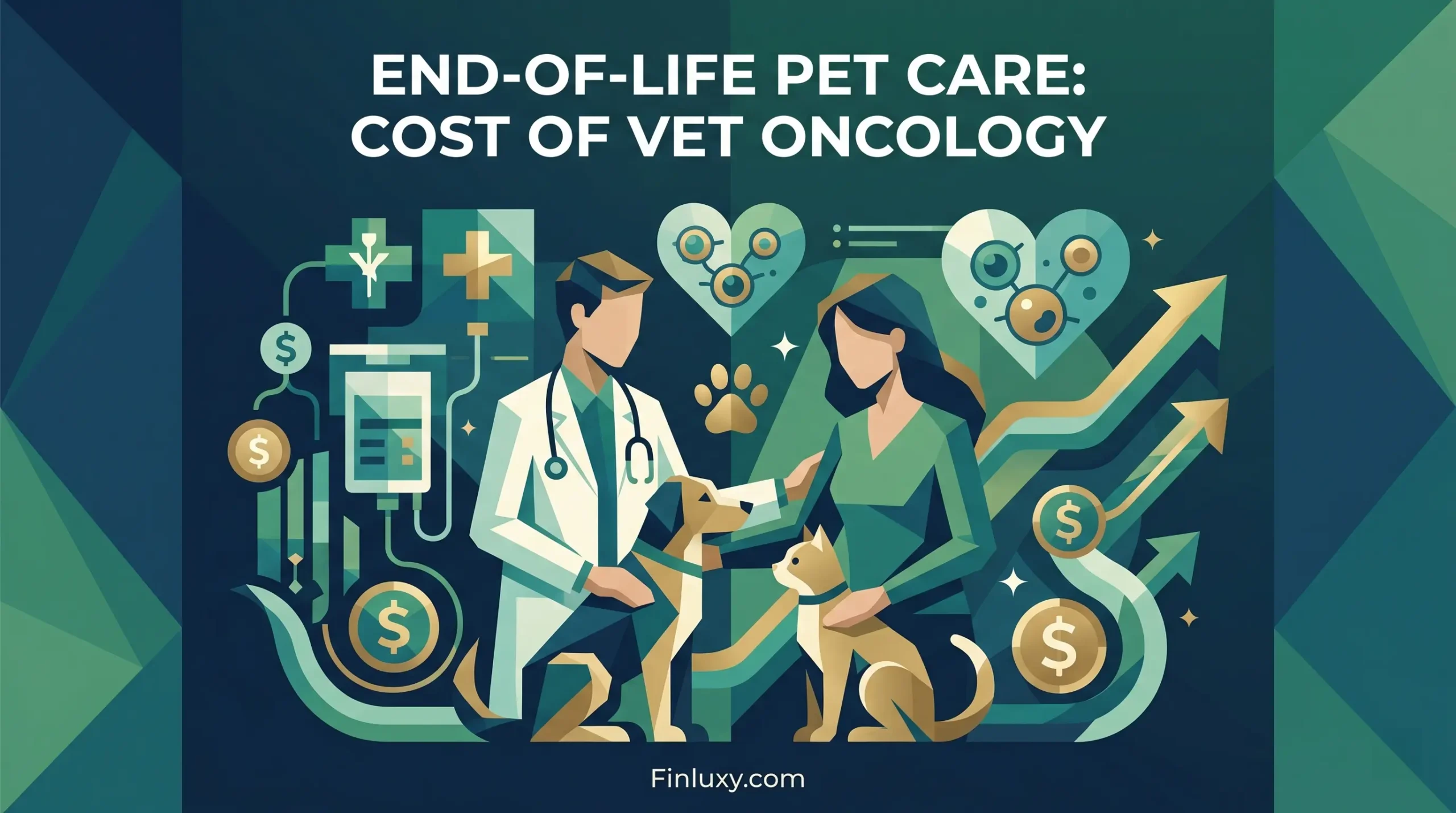 A geometric vector illustration for a financial article about vet oncology costs, featuring a veterinarian, pets, and money symbols.