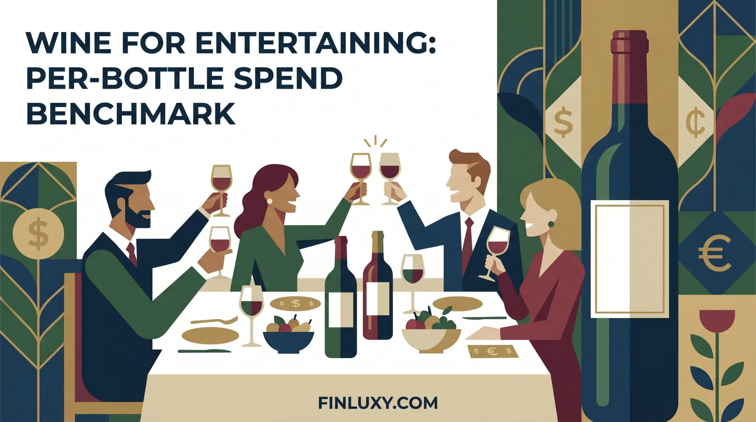 Geometric vector illustration of people dining and raising wine glasses, next to a large wine bottle and subtle currency symbols.
