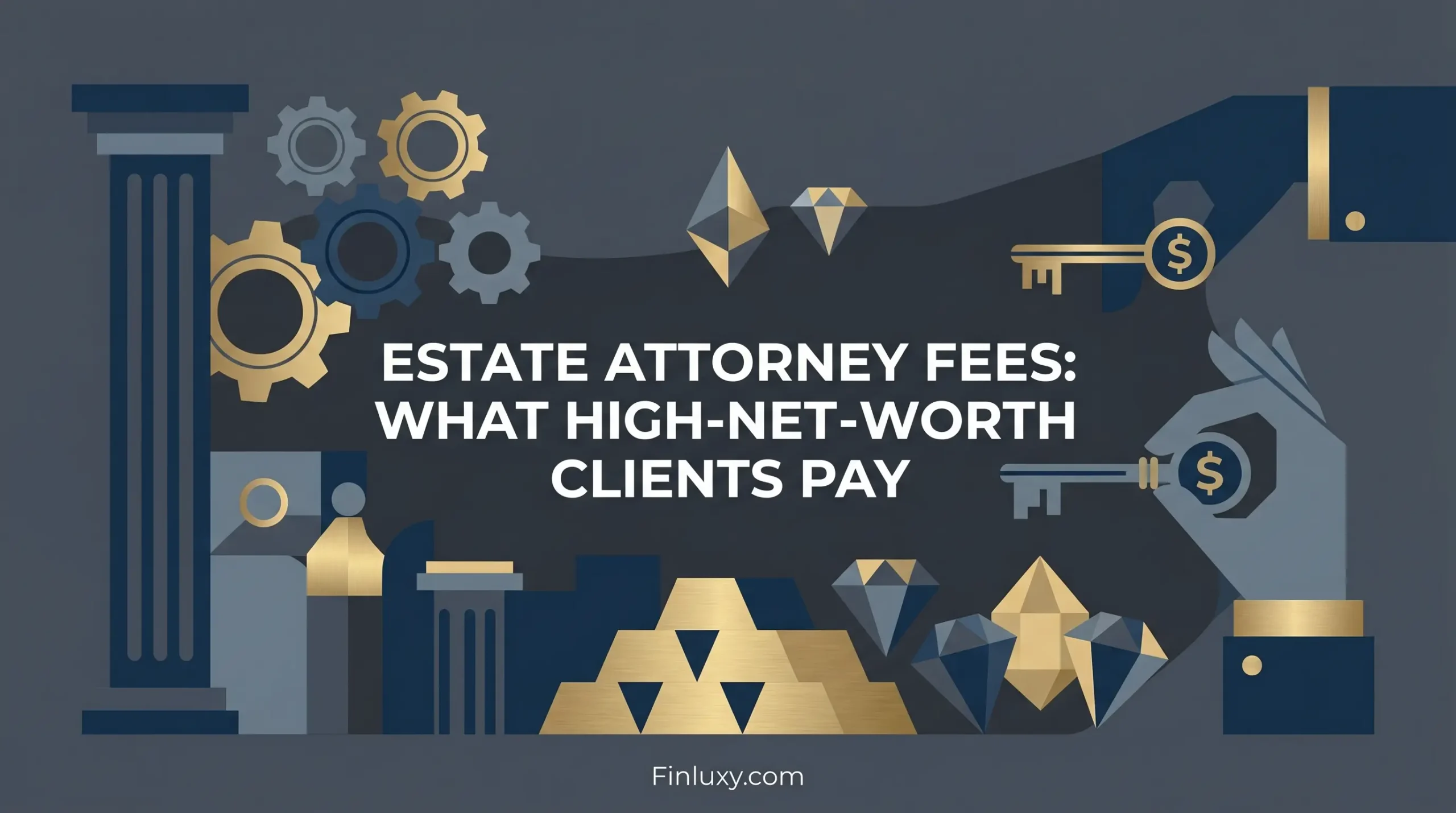 Geometric illustration of gold bars, keys, and classic pillars, featuring the text "Estate Attorney Fees: What High-Net-Worth Clients Pay."