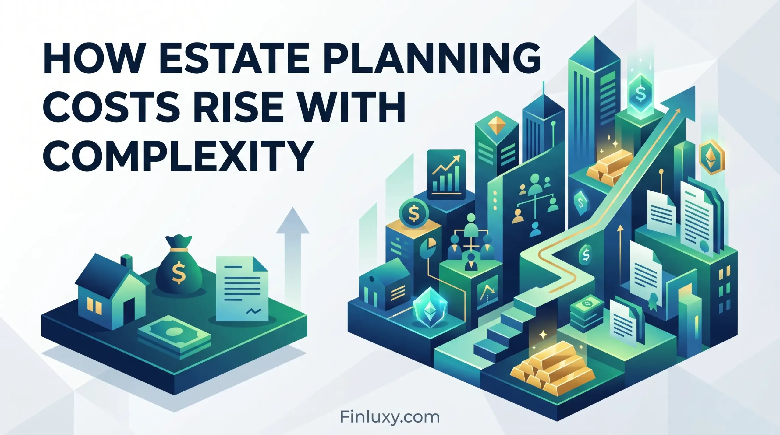 A geometric illustration contrasting a simple estate setup with a complex, multi-tiered one, showing rising costs.