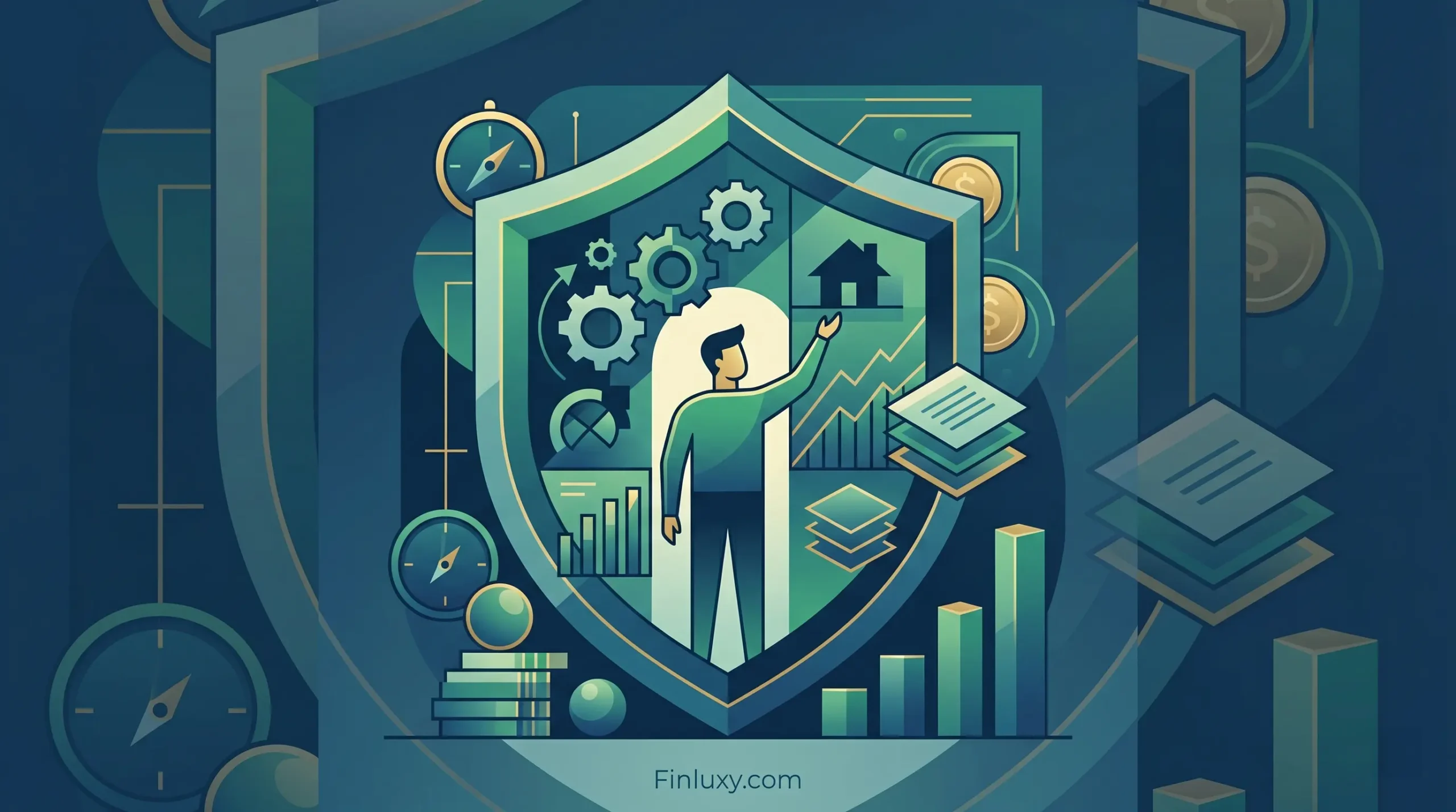 Abstract vector illustration showing a family figure with protective shield, coins, documents, and money bags, representing high-net-worth estate planning costs.