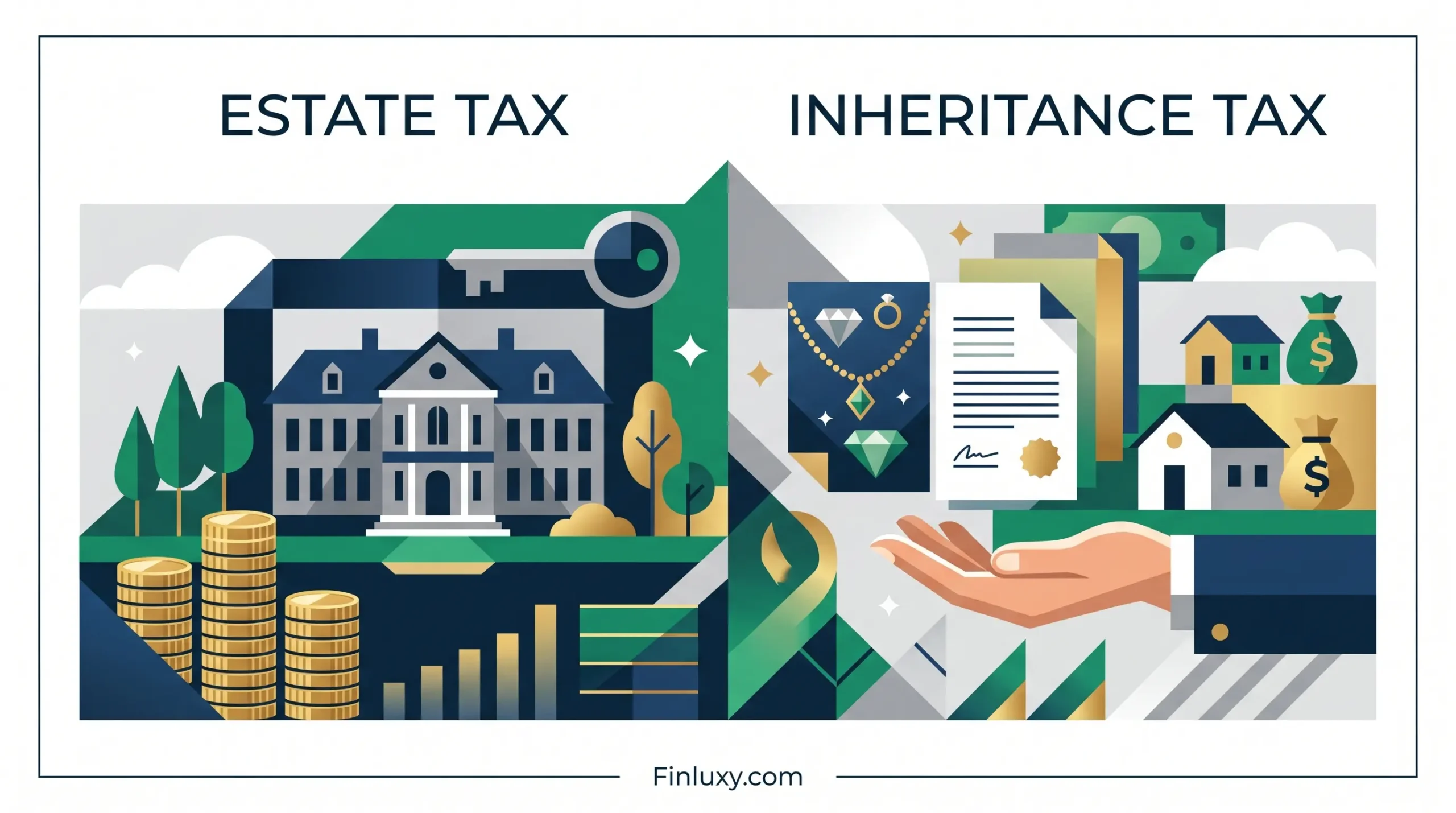 A premium geometric vector illustration comparing "Estate Tax" and "Inheritance Tax" with minimalist house, money, and document icons.