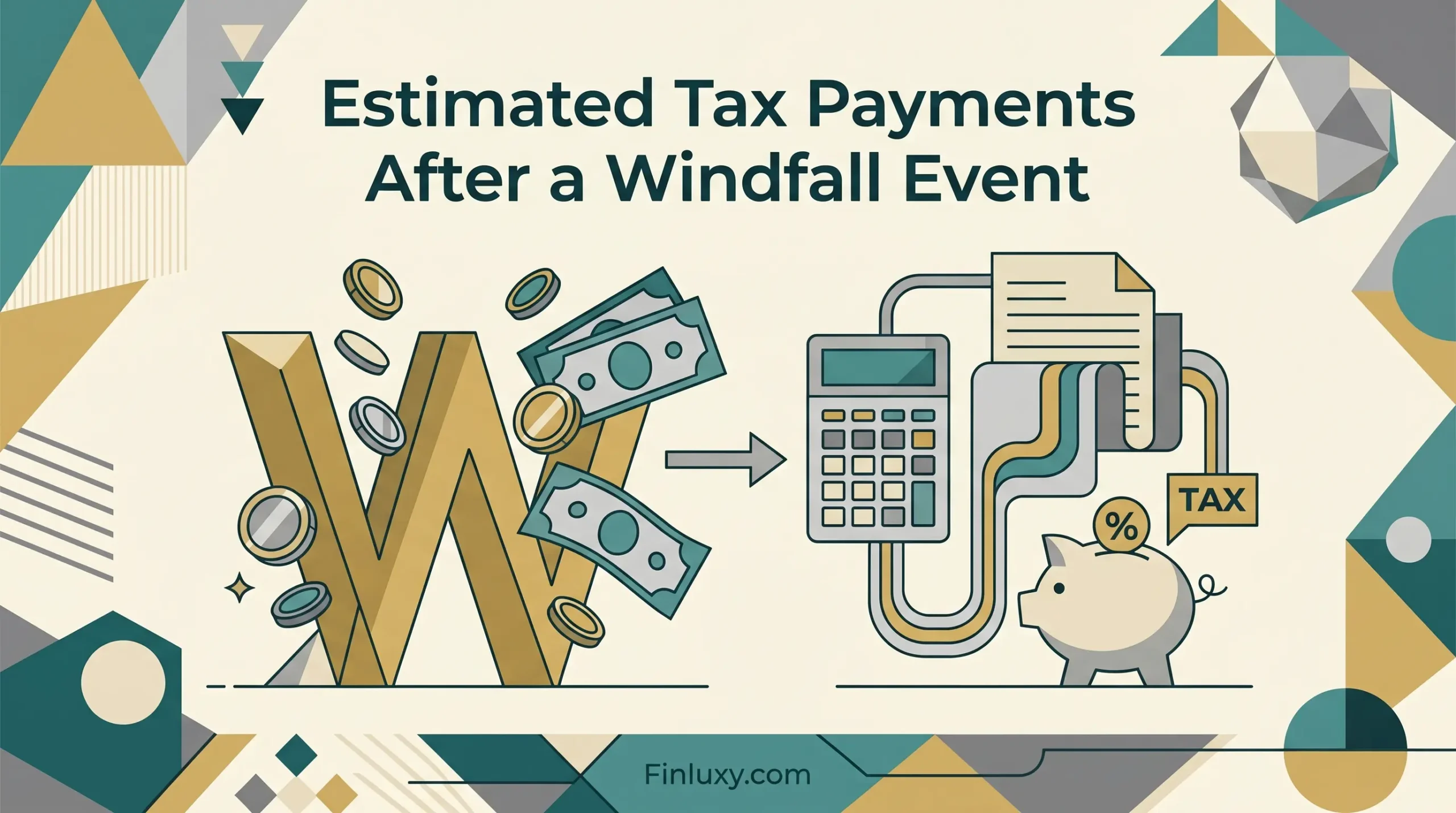 Geometric vector illustration for Finluxy.com showing a windfall event and the need for estimated tax payments.