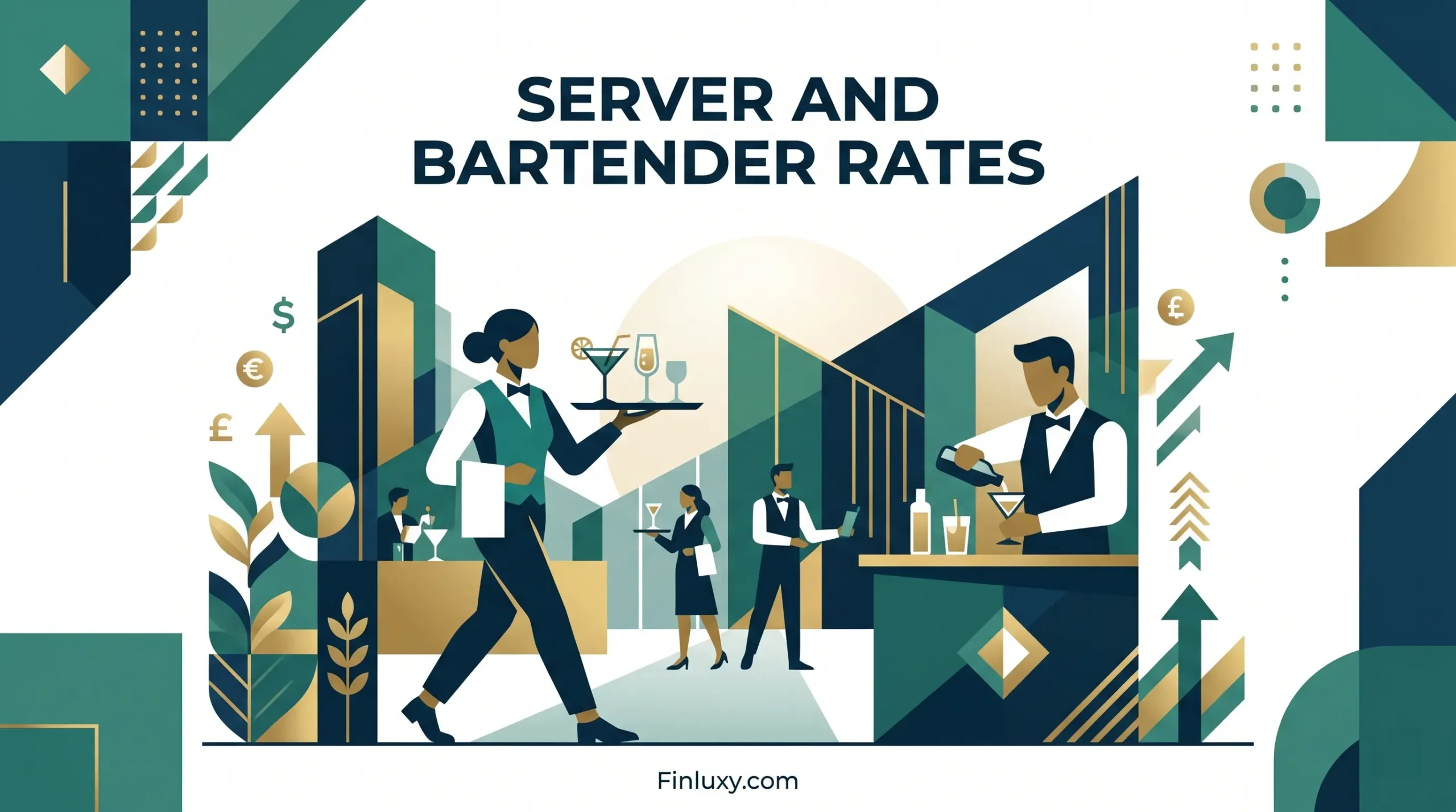 Geometric illustration of event staff, a server and bartender, with a headline "SERVER AND BARTENDER RATES" on a clean background.