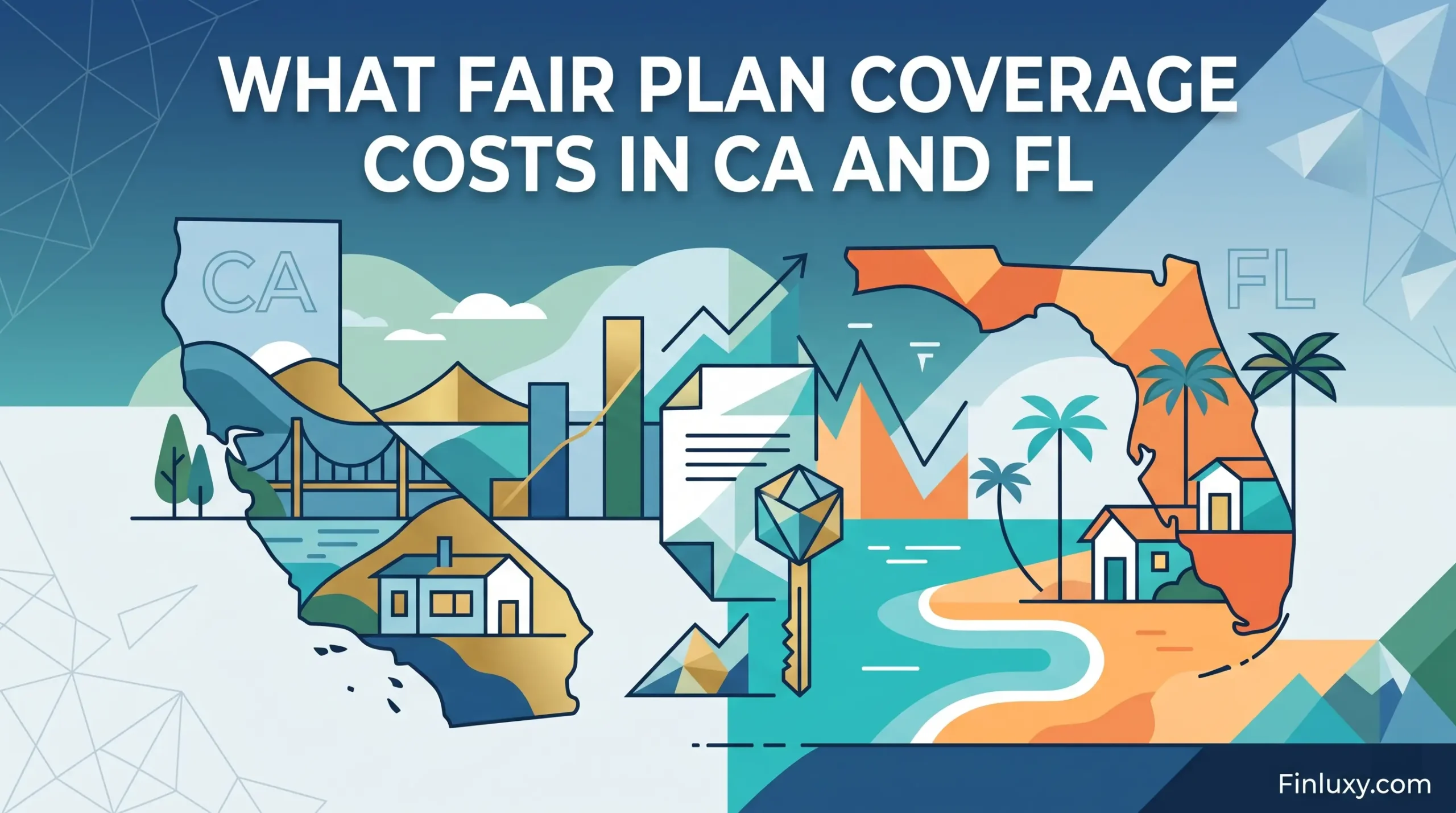 Geometric vector illustration featuring silhouettes of California and Florida, styled as a premium financial magazine cover for Finluxy.com.